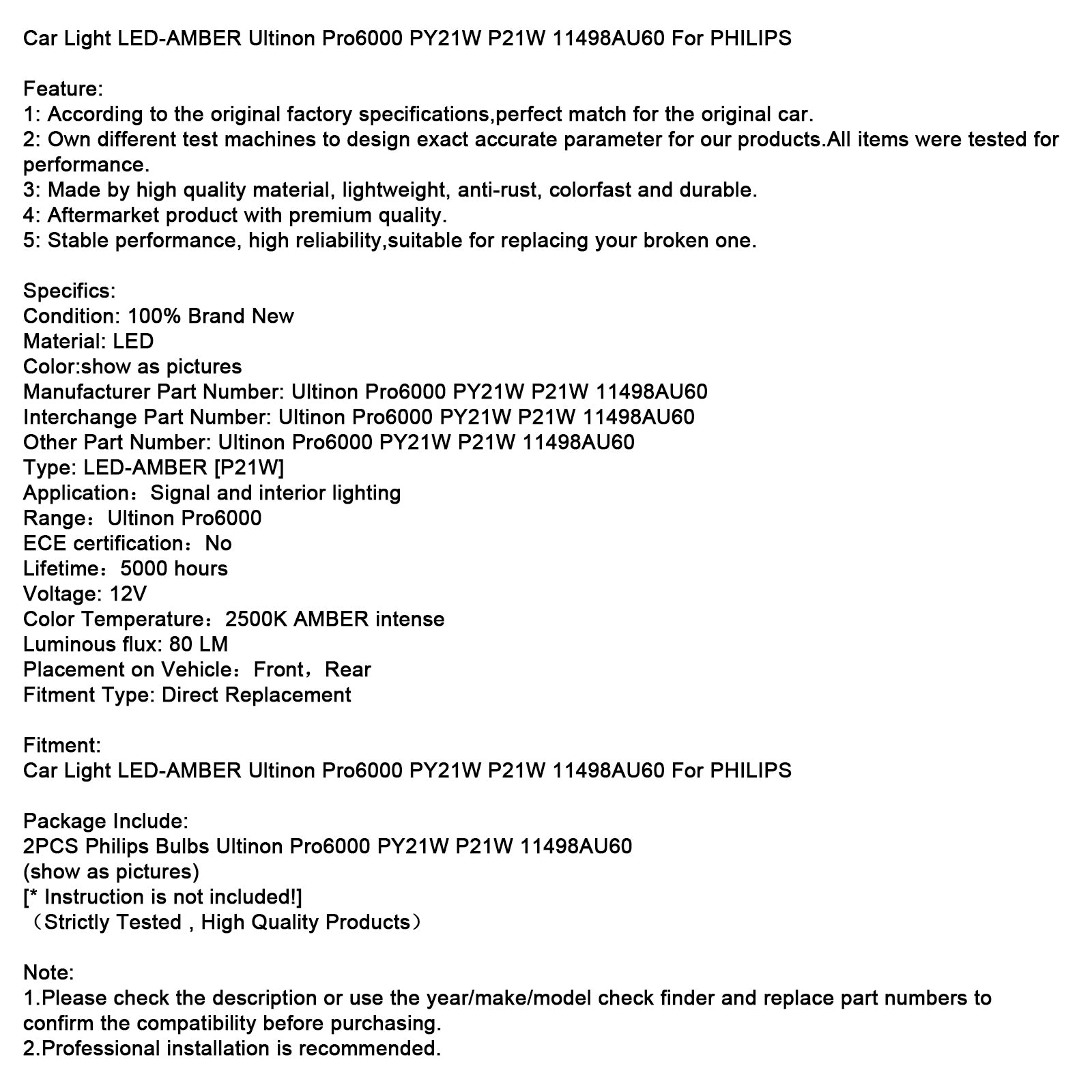 Automobil LED-Amber Ultinon Pro6000 PY21W P21W 11498AU60 pre Philips