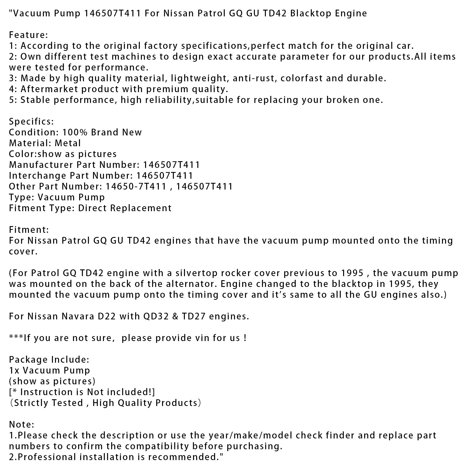 Nissan Patrol GQ GU TD42 Blacktop Engine Vacuum Pump 146507T411 14650-7T411