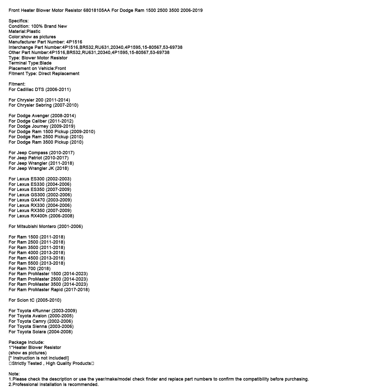 Frontvarmer BLOWER Motormotstand 68018105AA for Dodge Ram 2006-2019