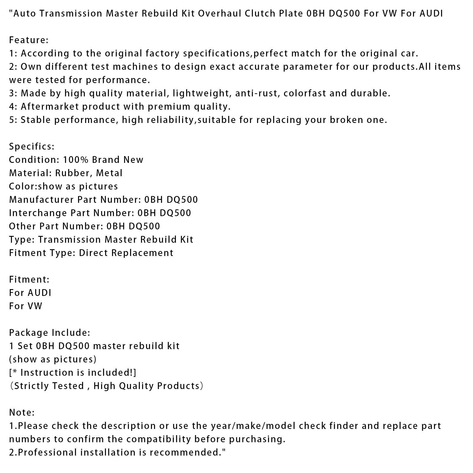 AUDI VW Auto Transmission Master Rebuild Kit Overhaul Clutch Plate 0BH DQ500