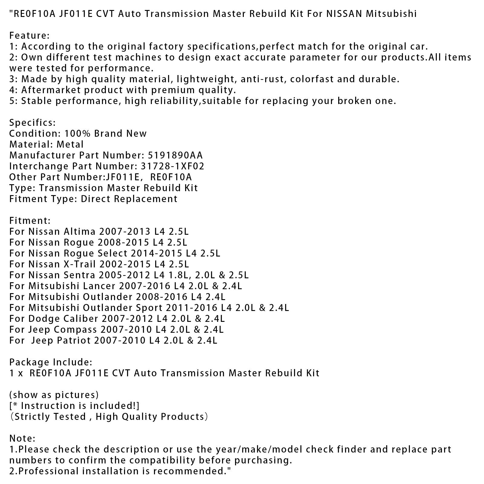 Jeep Compass L4 2.0L 2007-2010 & Kit de reconstrucción maestra de transmisión automática CVT de 2.4L RE0F10A JF011E 5191890AA