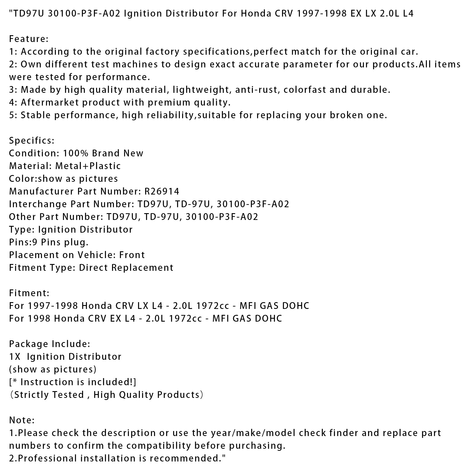 TD97U 30100-P3F-A02 Ignition Distributor For Honda CRV 1997-1998 EX LX 2.0L L4