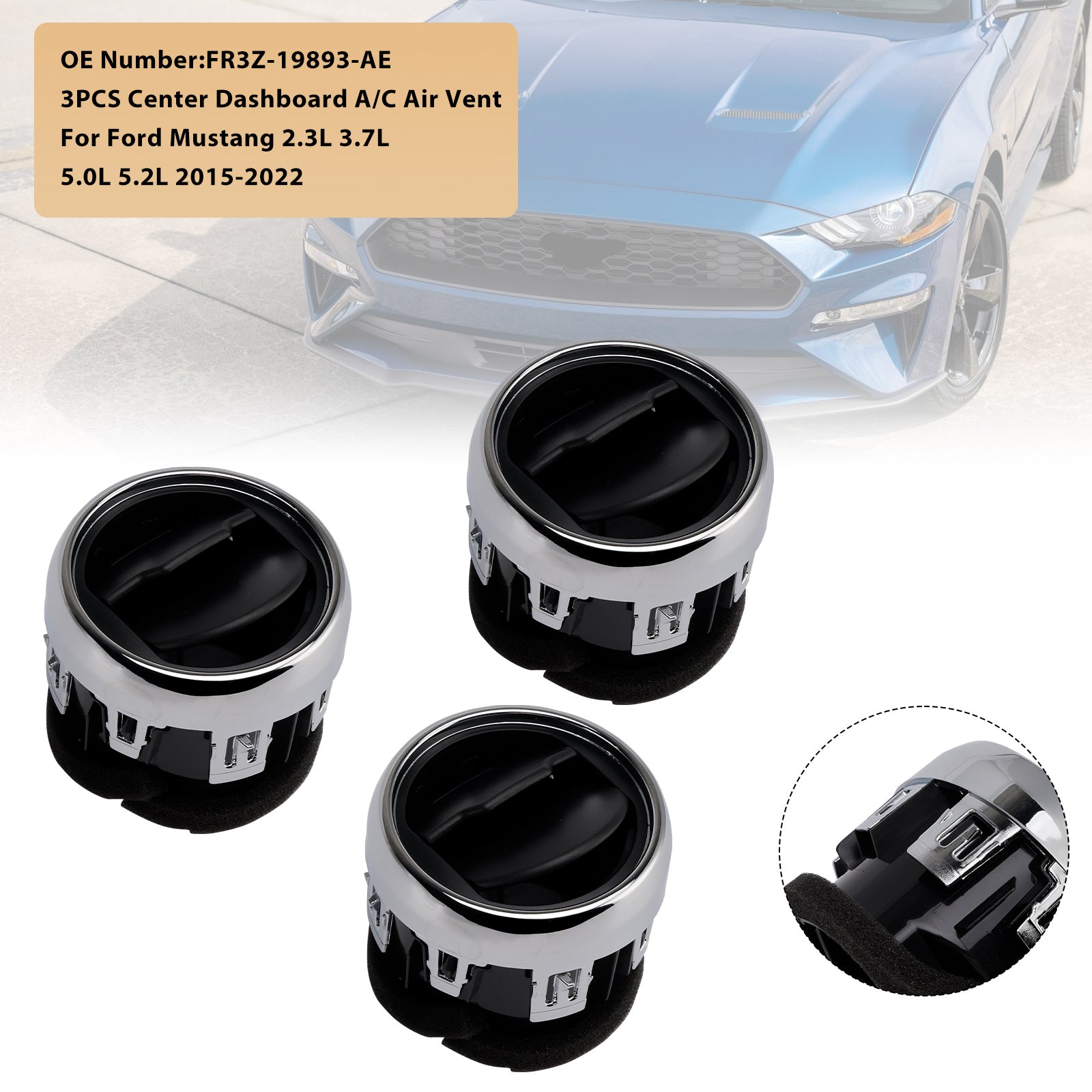3x Center Dashboard A/C Air Vent Louvre FR3Z-19893-AE for Ford Mustang 2015-2022