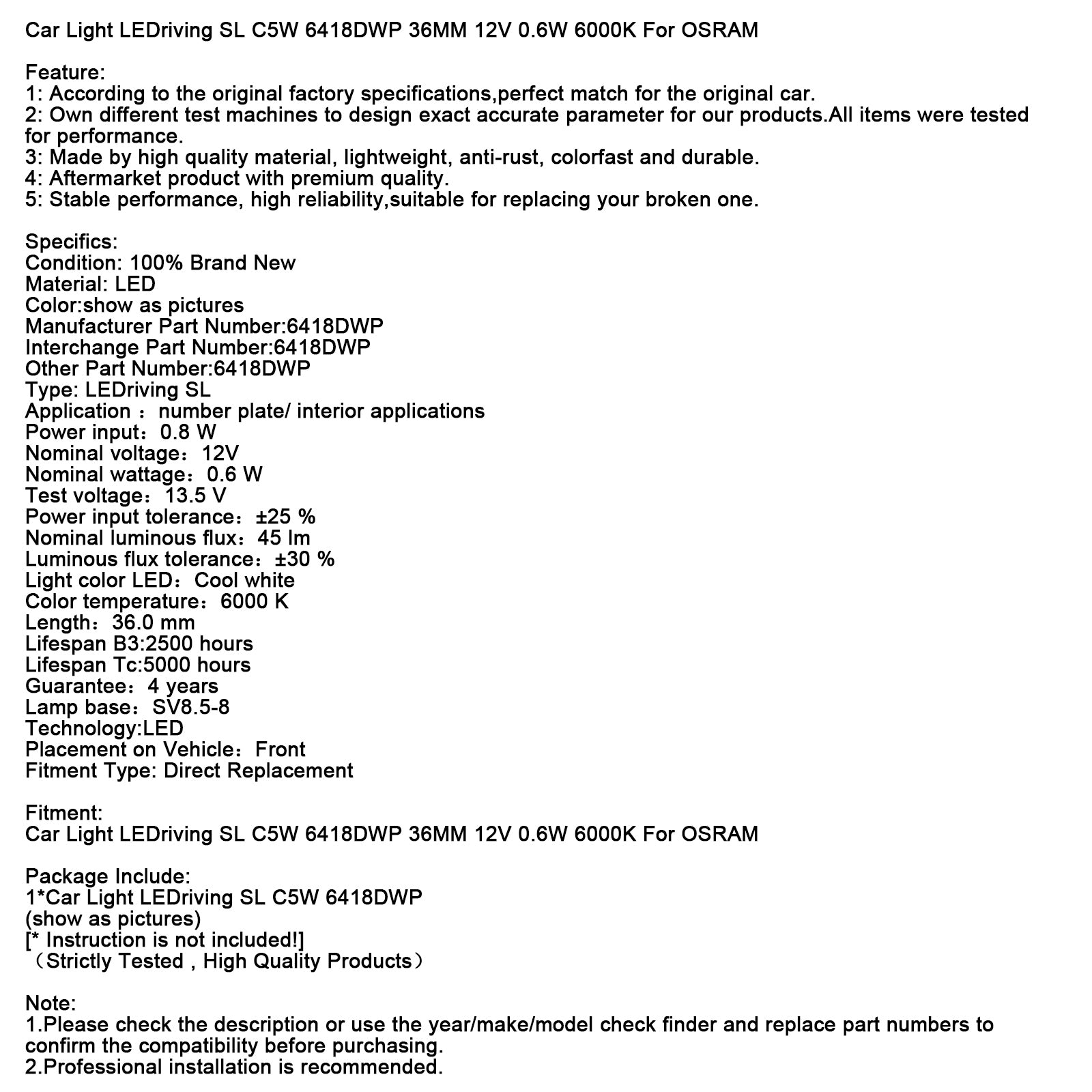Autolamp LEDriving SL C5W 6418DWP 36MM 12V 0,6W 6000K voor OSRAM