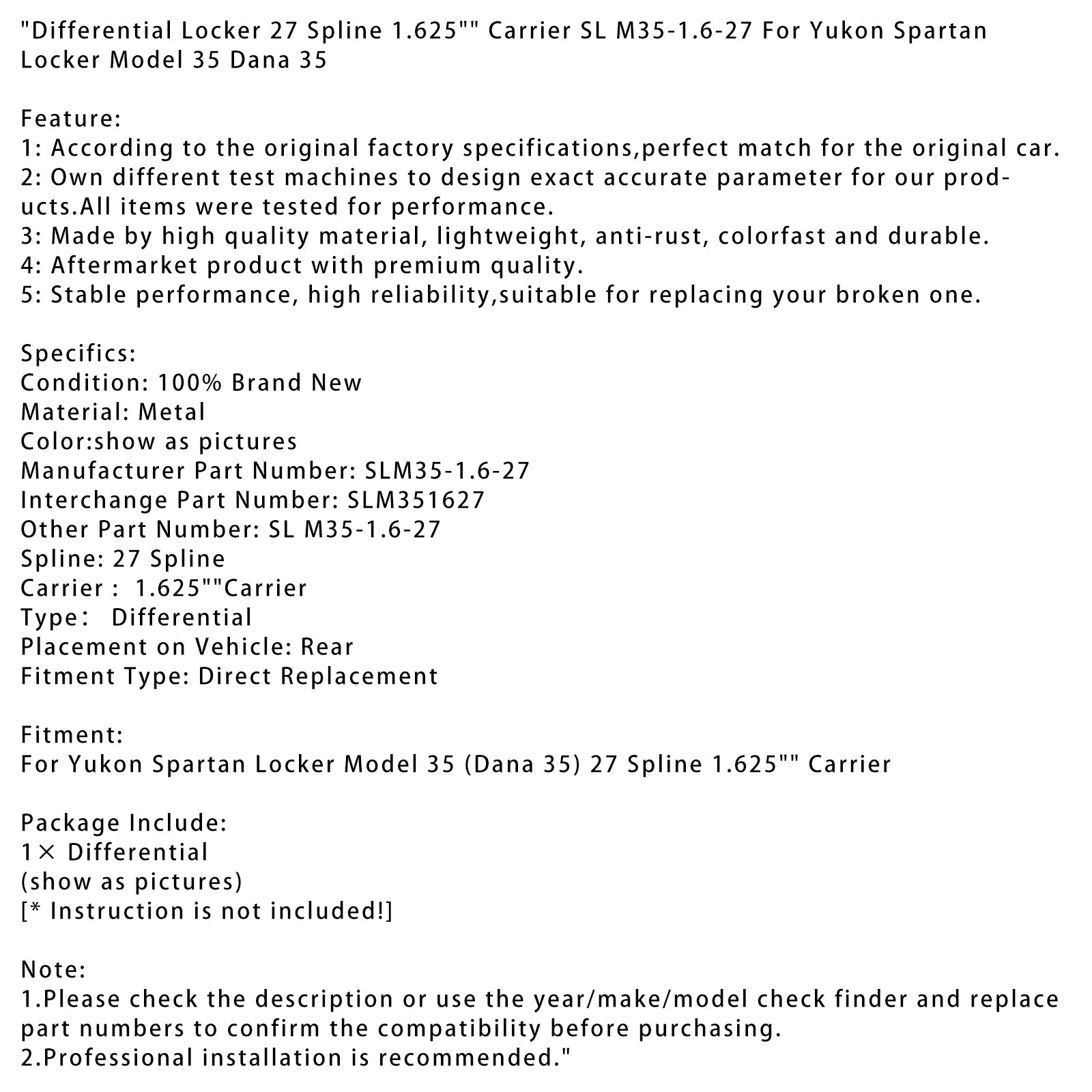 Differential Locker 27 Spline 1.625" Carrier SL M35-1.6-27 For Yukon Spartan