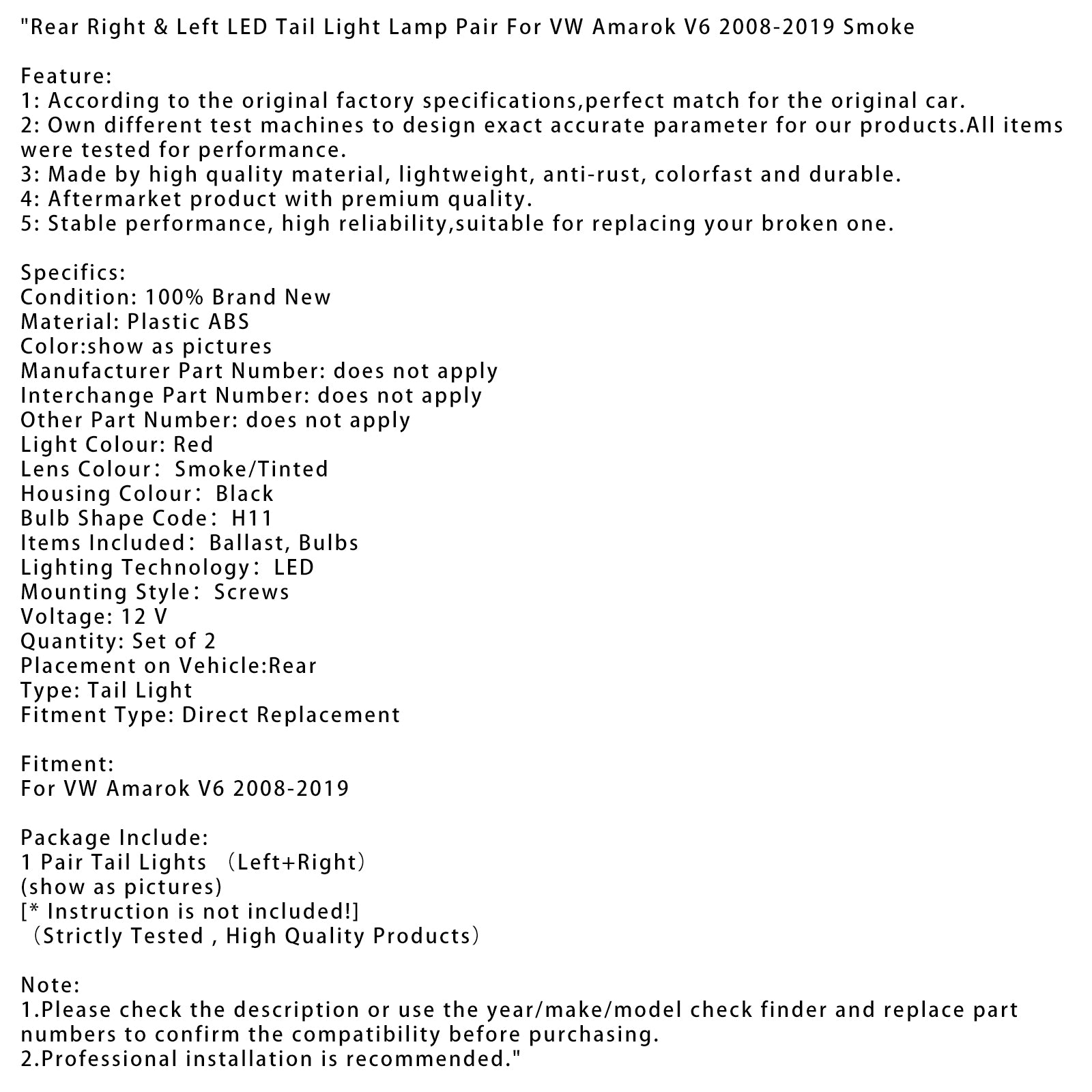 VW Amarok V6 2008-2019 Zadný pravý & Pár ľavých zadných LED svetiel dymových