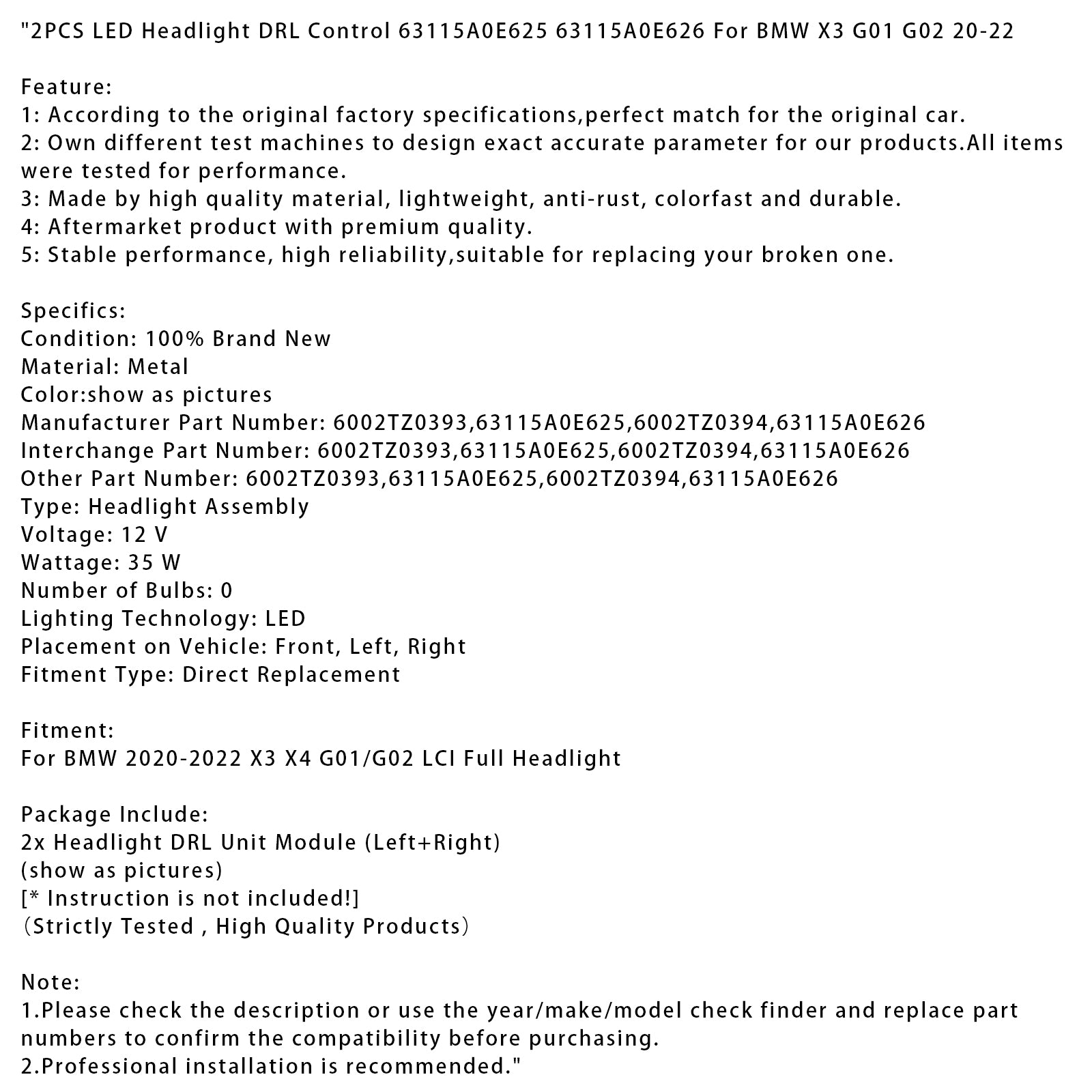 2PCS LED-frontlys DRL-kontroll 63115A0E625 63115A0E626 for BMW X3 G01 G02 20-22