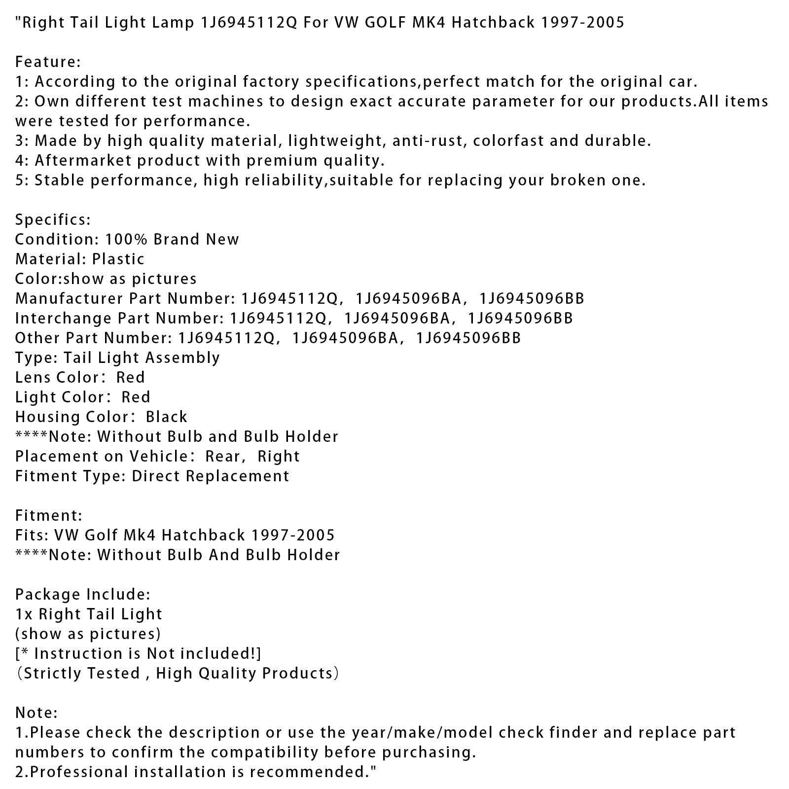 1997-2005 VW GOLF MK4 Hatchback Right Tail Light Lamp 1J6945112Q