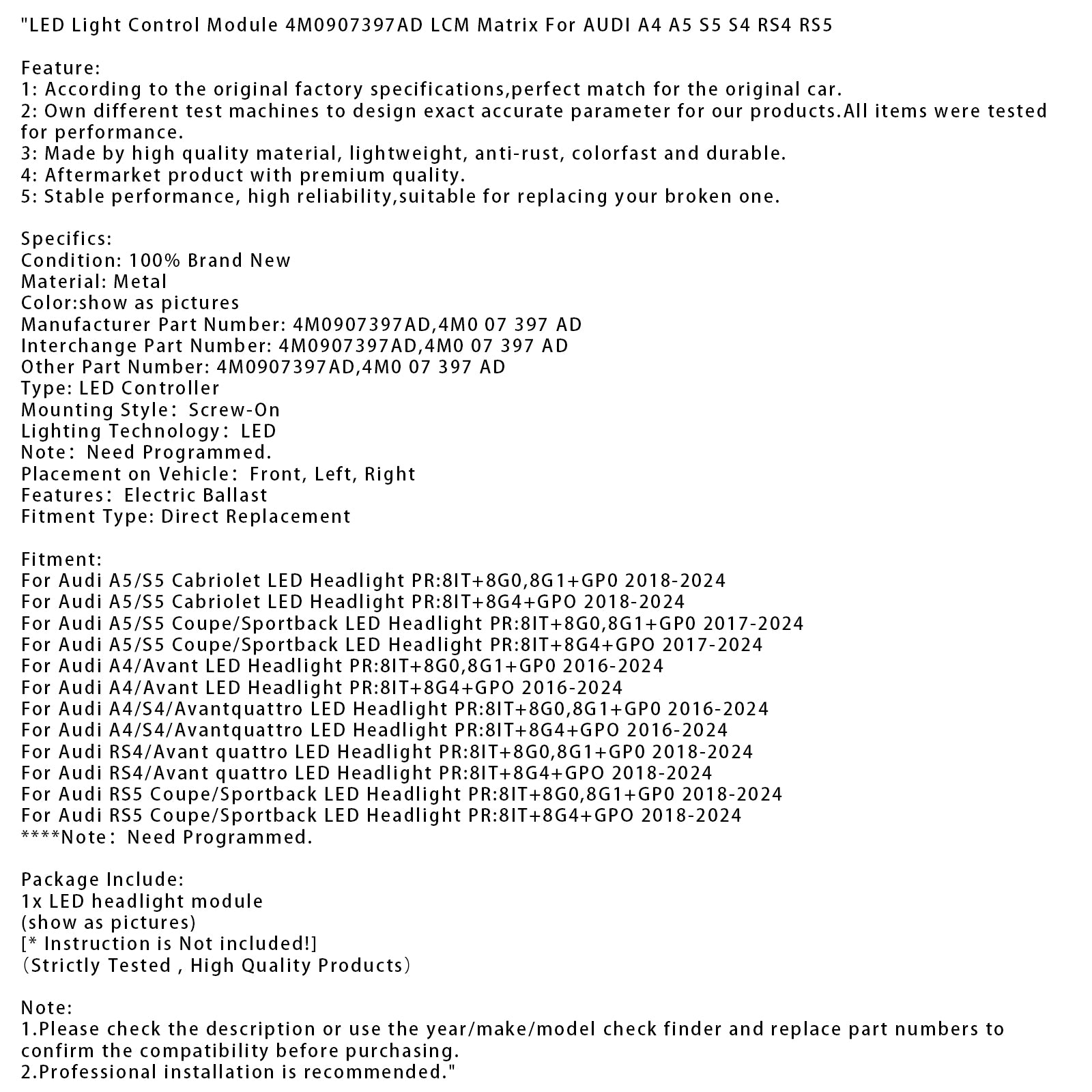 2018-2024 Audi A5/S5 Cabriolet LED Headlight PR:8IT+8G4+GPO LED Light Control Module 4M0907397AD LCM Matrix