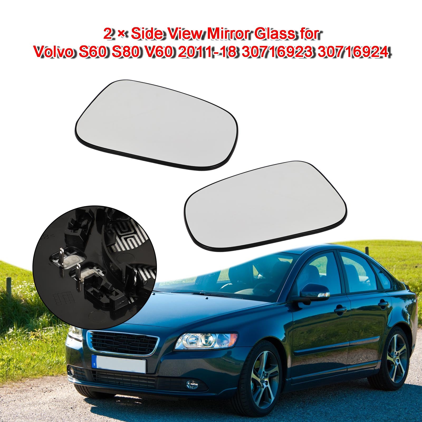 2 × Side View Mirror Glass for Volvo S60 S80 V60 2011-18 30716923 30716924