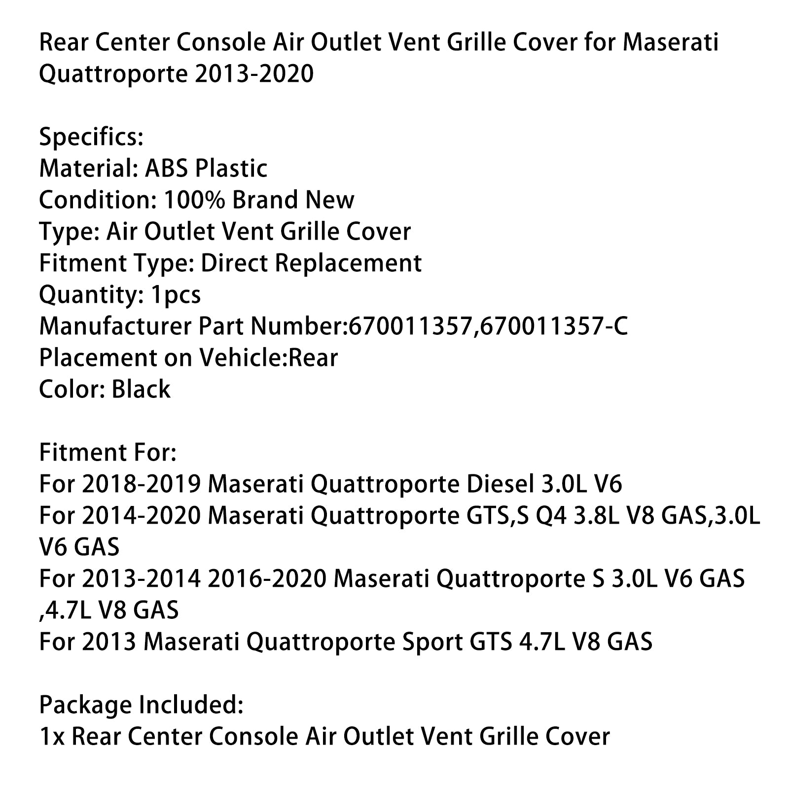 Couvre de ventilation de la console centrale arrière pour Maserati Quattroporte 2013-2020