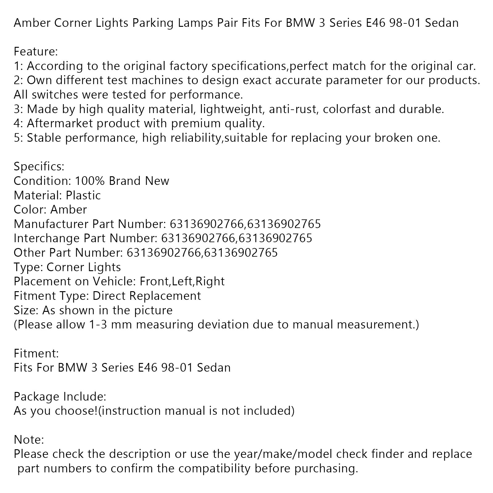 1998-2001 BMW 3-serie E46 sedanpaar oranje hoekzijlicht 63136902766