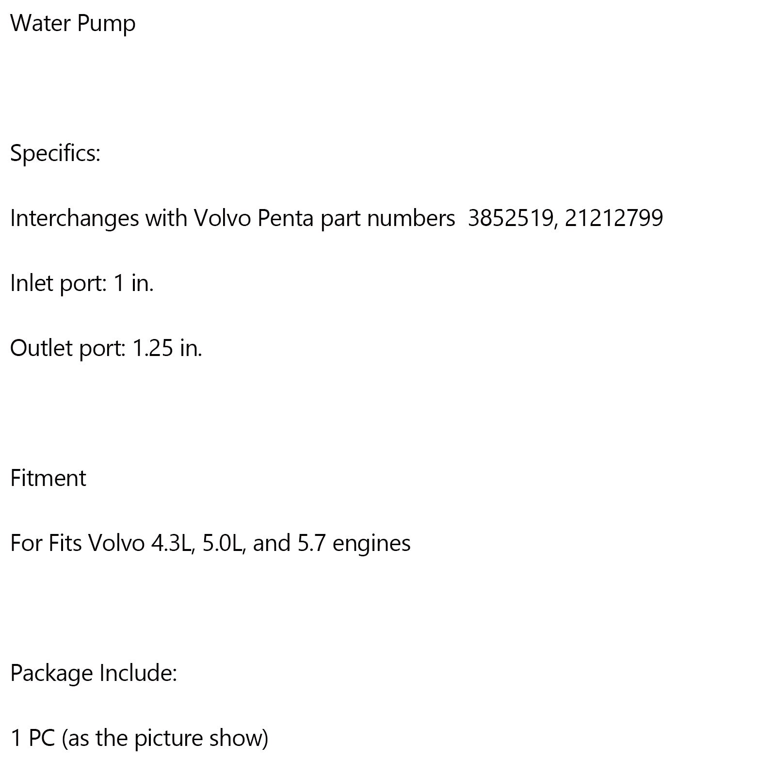 21212799 3812519 Raw Water Sea Pump For VOLVO PENTA 4.3L 5.0L 5.7L Replaces