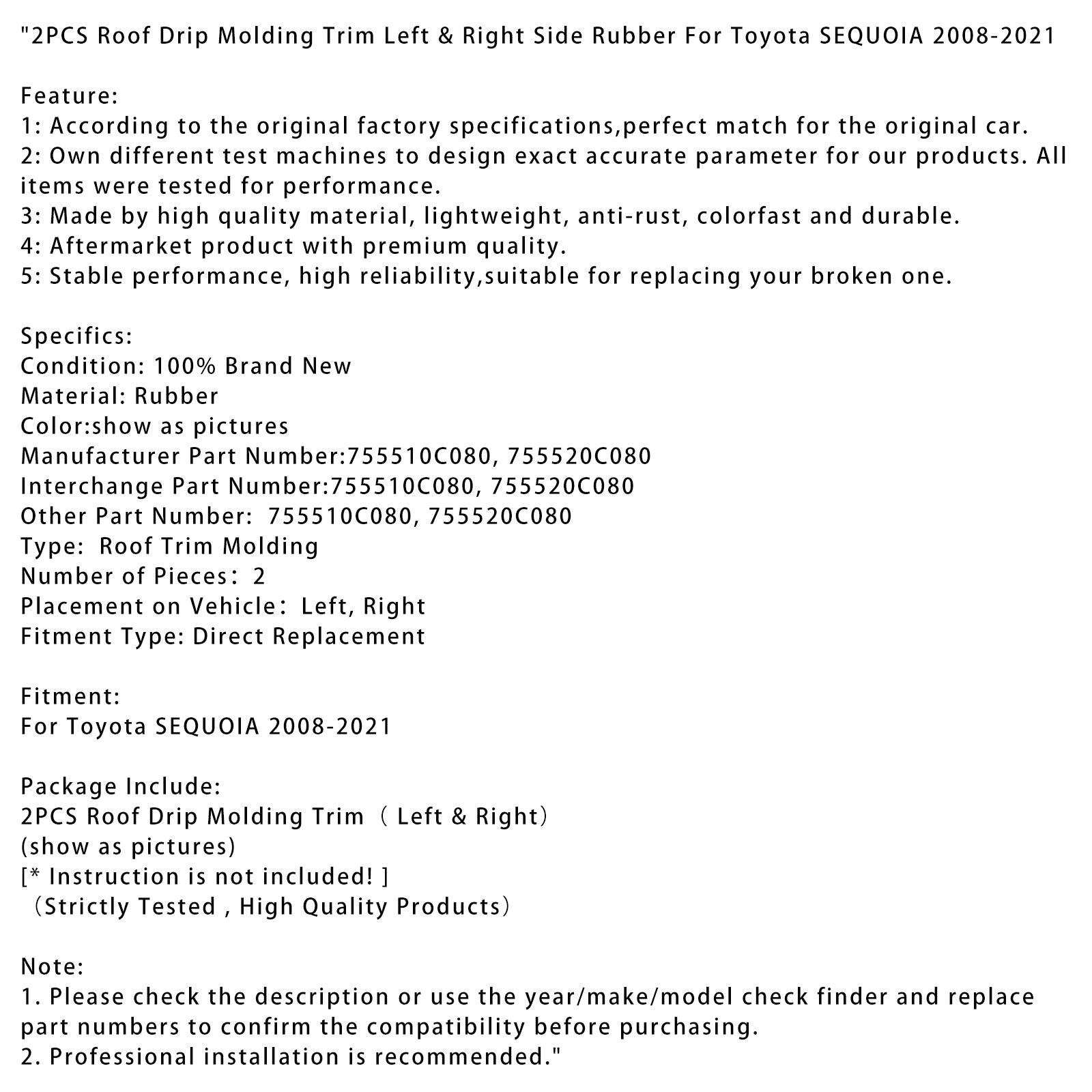 2008-2021 Toyota SEQUOIA 2PCS Roof Drip Molding Trim Left & Right Side Rubber