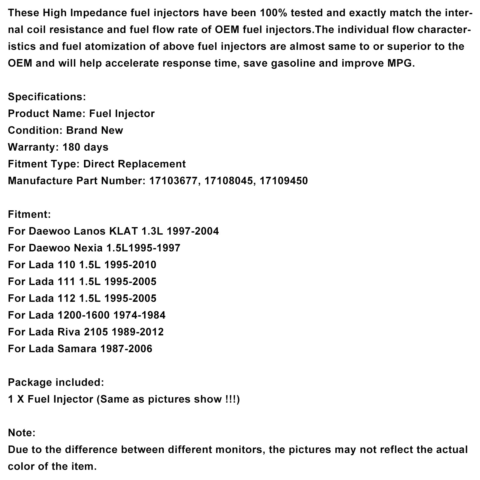 1 Uds inyector de combustible 17109450 compatible con Daewoo Lanos 1997-2004 compatible con Nexia 1995-1997
