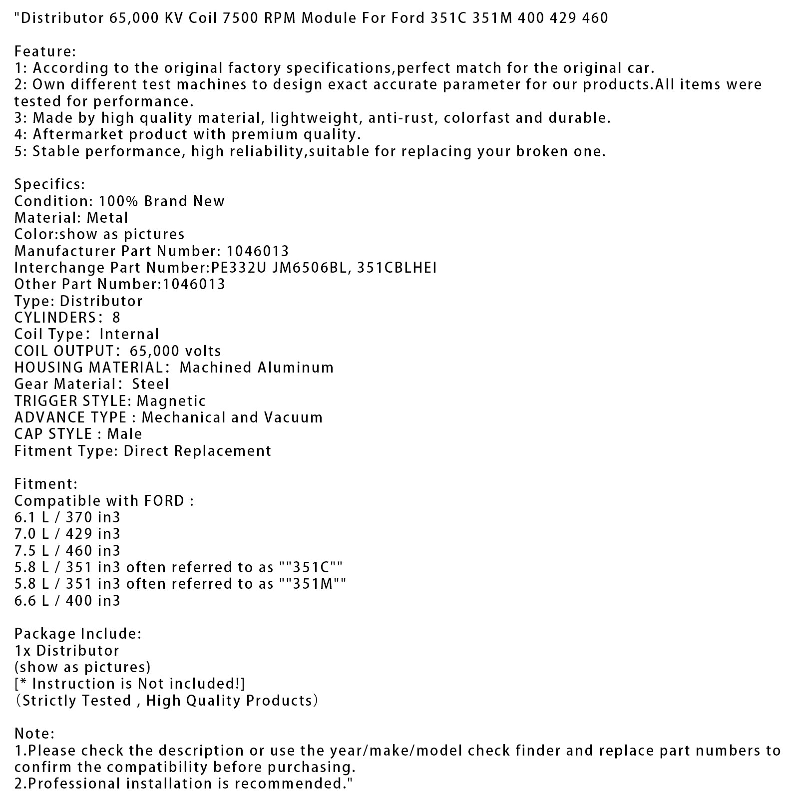 Distributor 65,000 KV Coil 7500 RPM Module For Ford 351C 351M 400 429 460