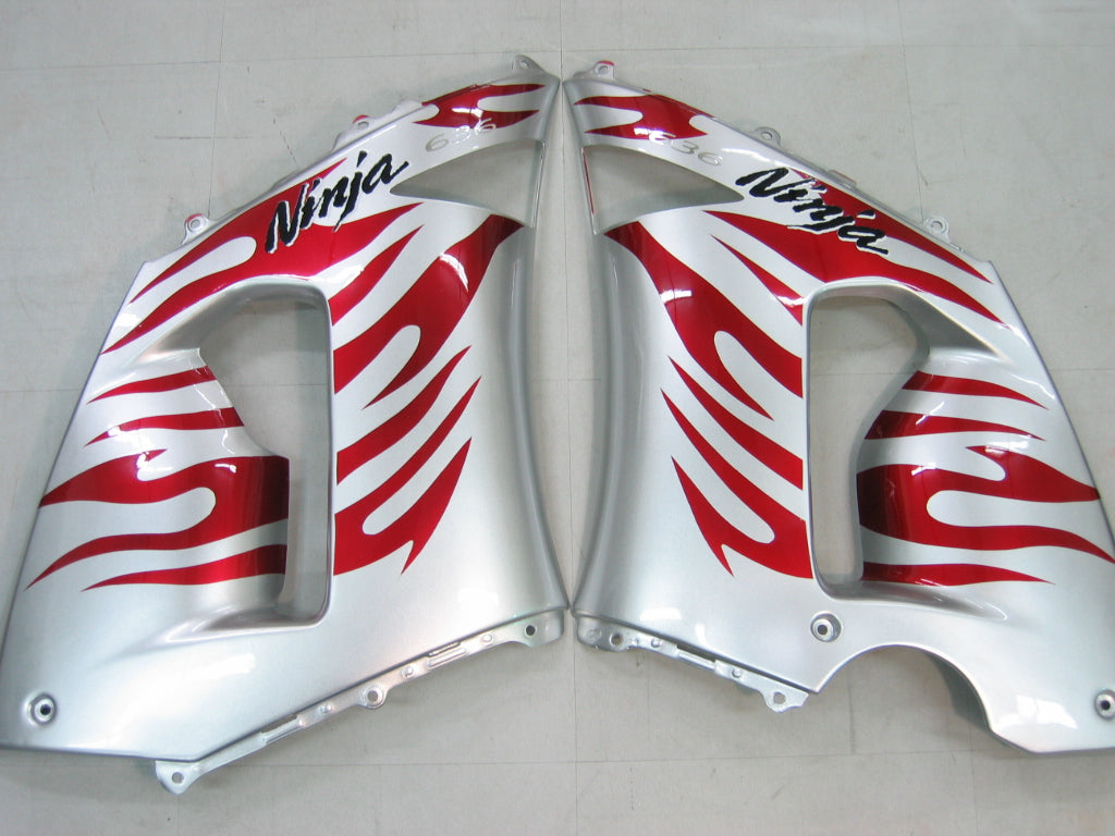 2005-2006 Kawasaki ZX6R 636 Fairings Silver & Red Flame Ninja Racing Generic