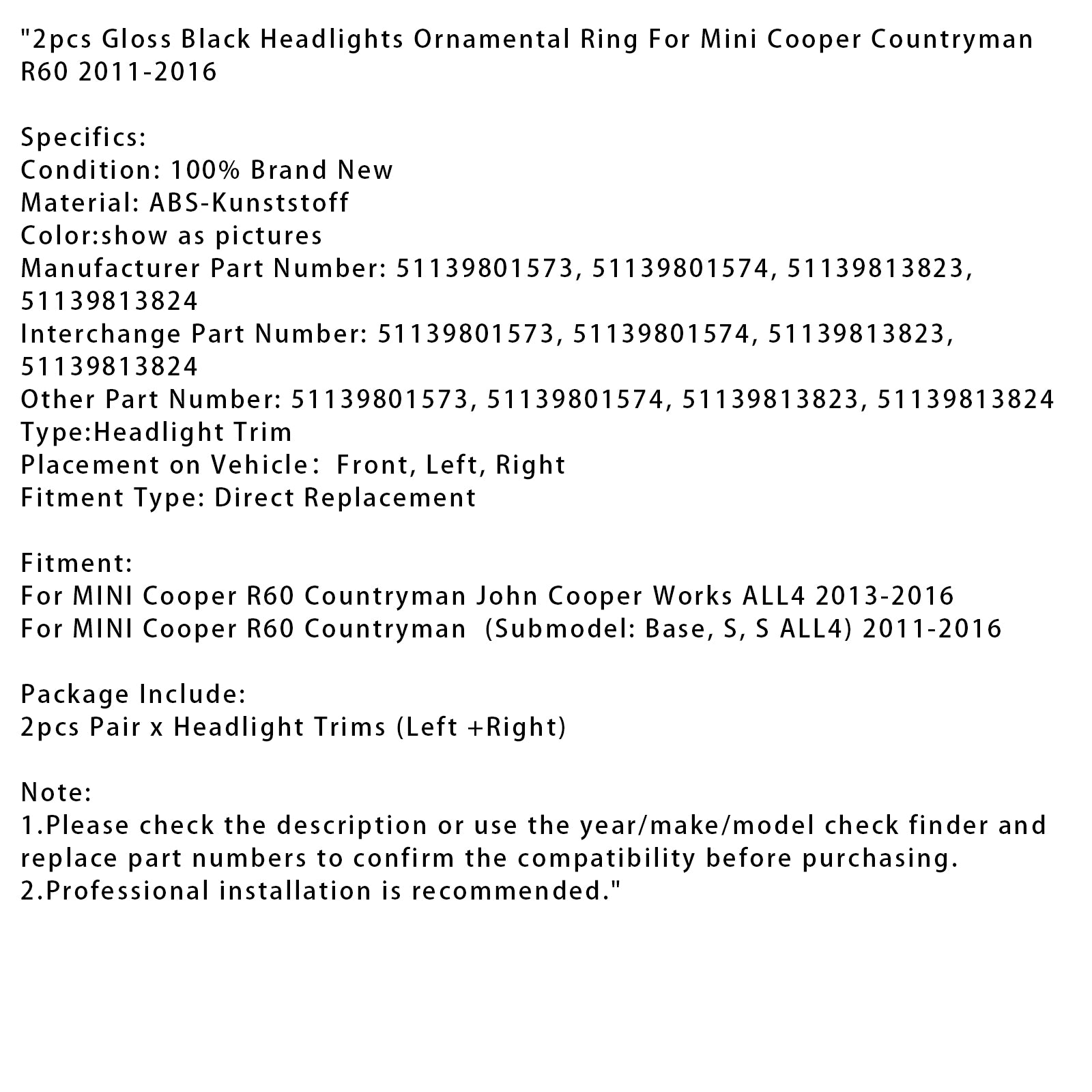 2 stuks glanzend zwarte koplampen sierring voor Mini Cooper Countryman R60