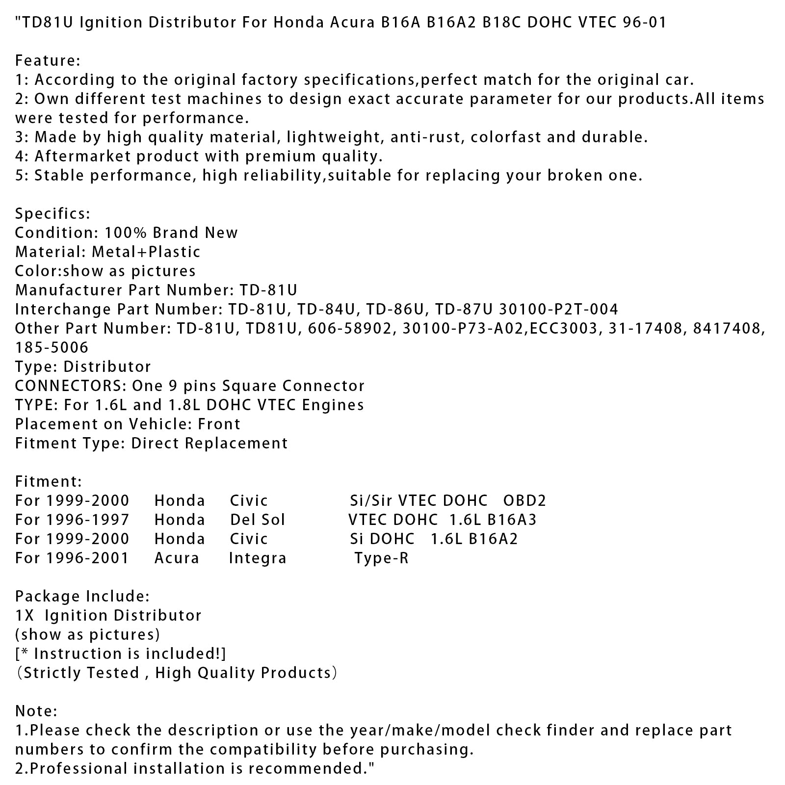TD81U Ignition Distributor For Honda Acura B16A B16A2 B18C DOHC VTEC 1996-2001