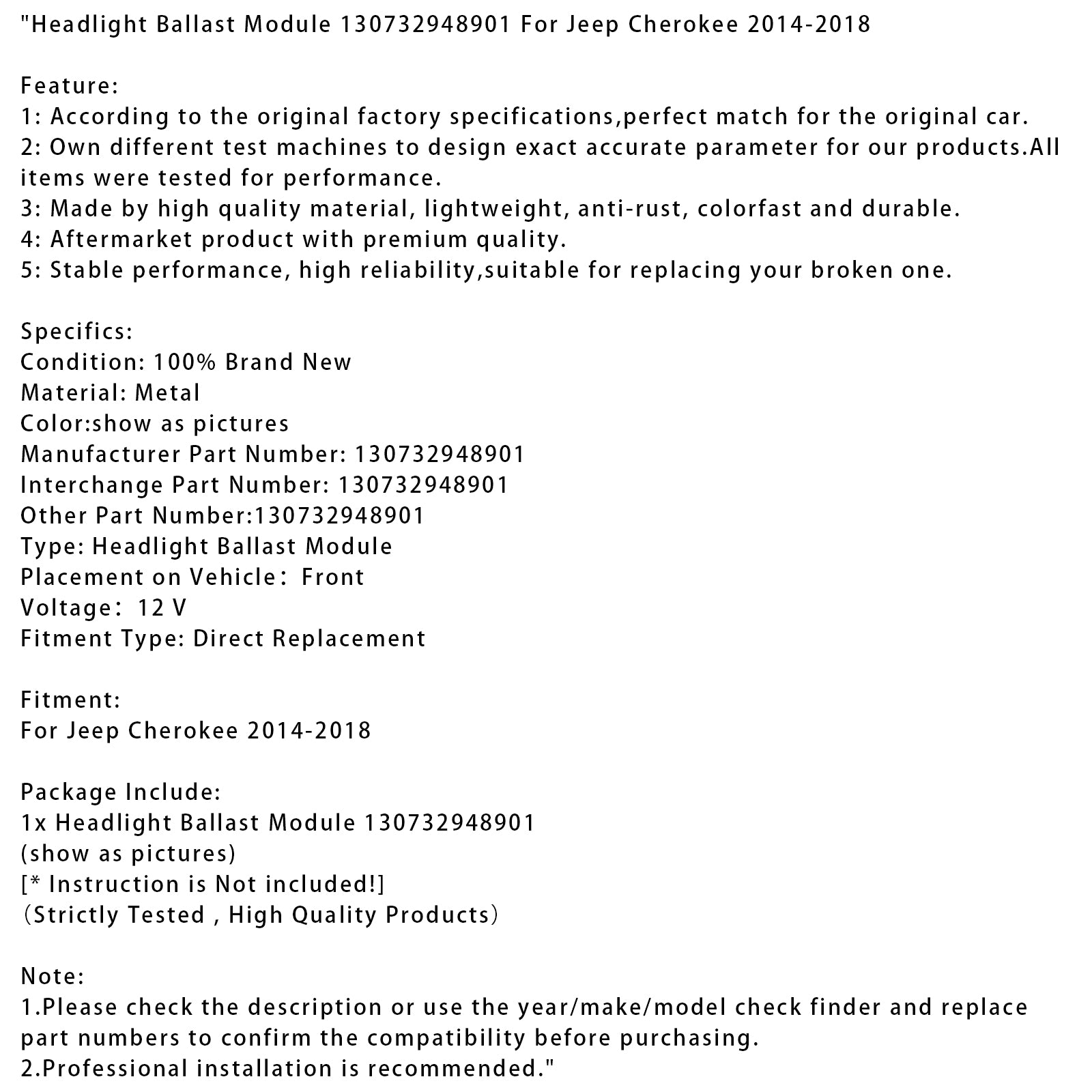 Headlight Ballast Module 130732948901 For Jeep Cherokee 2014-2018