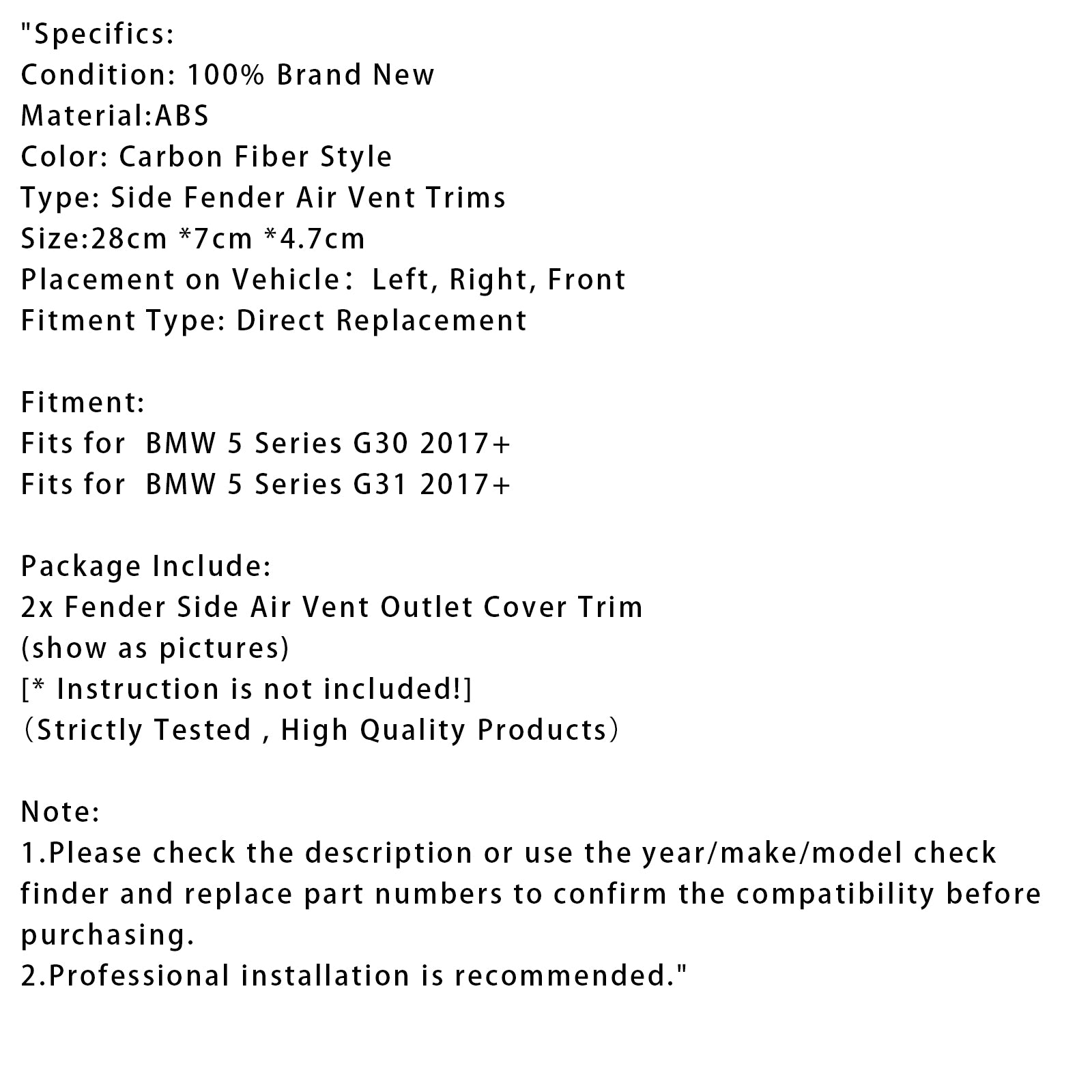2017+ BMW 5 Series G30 G31 kolfiberstil Fender sidoluftsluften trimmar