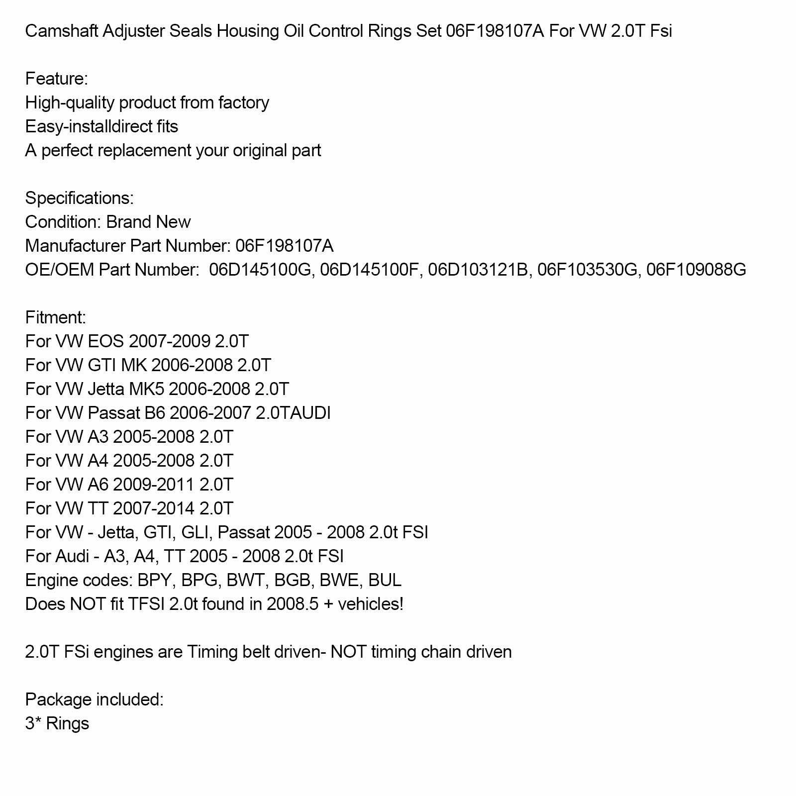 Camshaft Adjuster Seals Housing Oil Control Rings Set 06F198107A For VW 2.0T Fsi