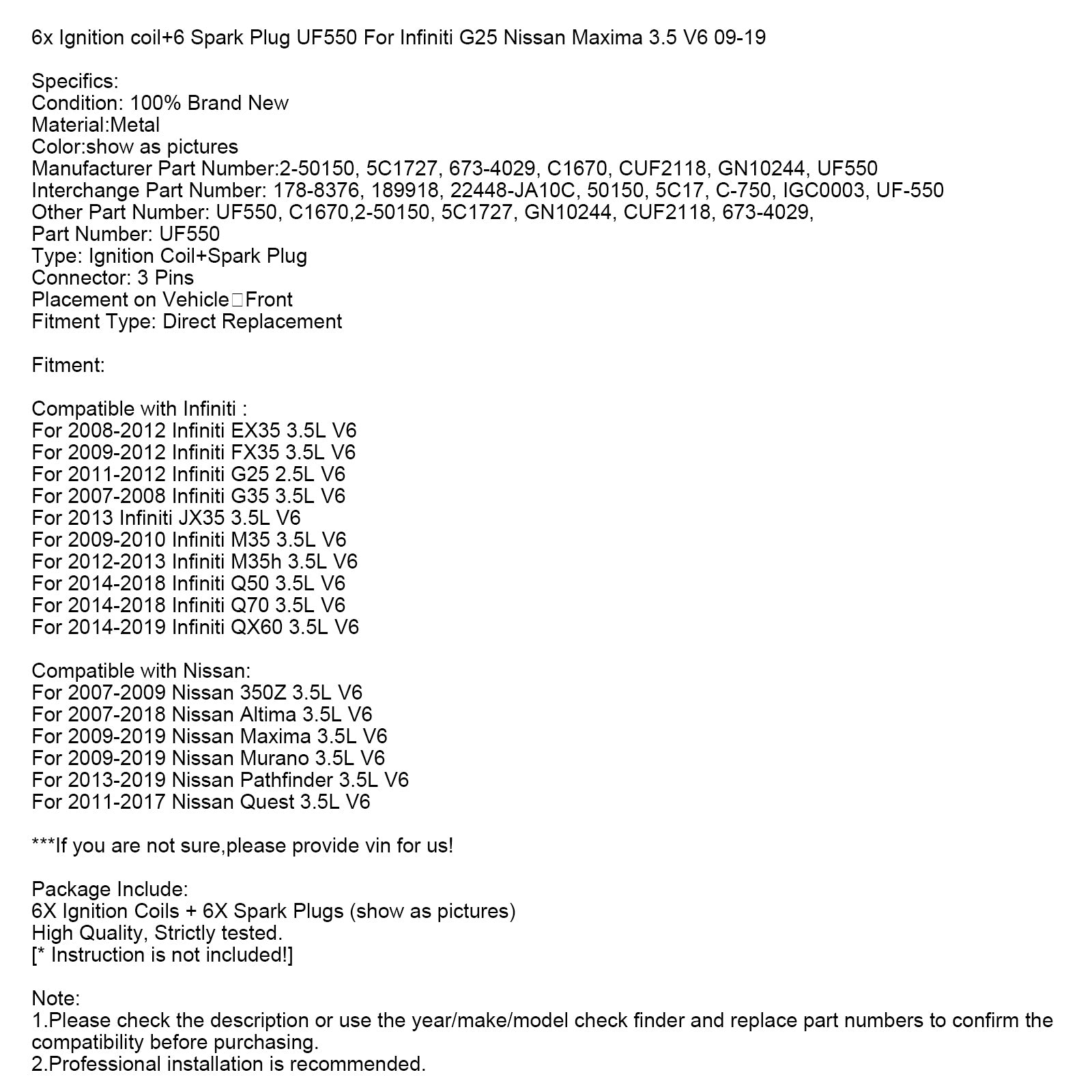 6 bobinas de encendido+6 bujías UF550 para Infiniti G25 Nissan Maxima 3.5 V6 09-19