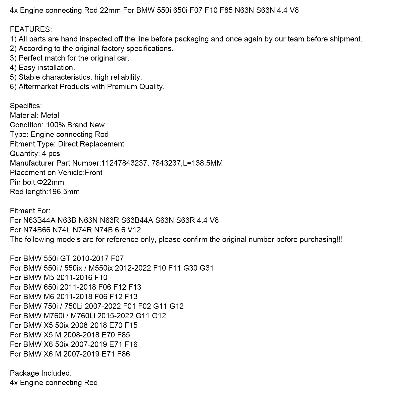 4x Motorvevstag 22mm För BMW 550i 650i F07 F10 F85 N63N S63N 4.4 V8