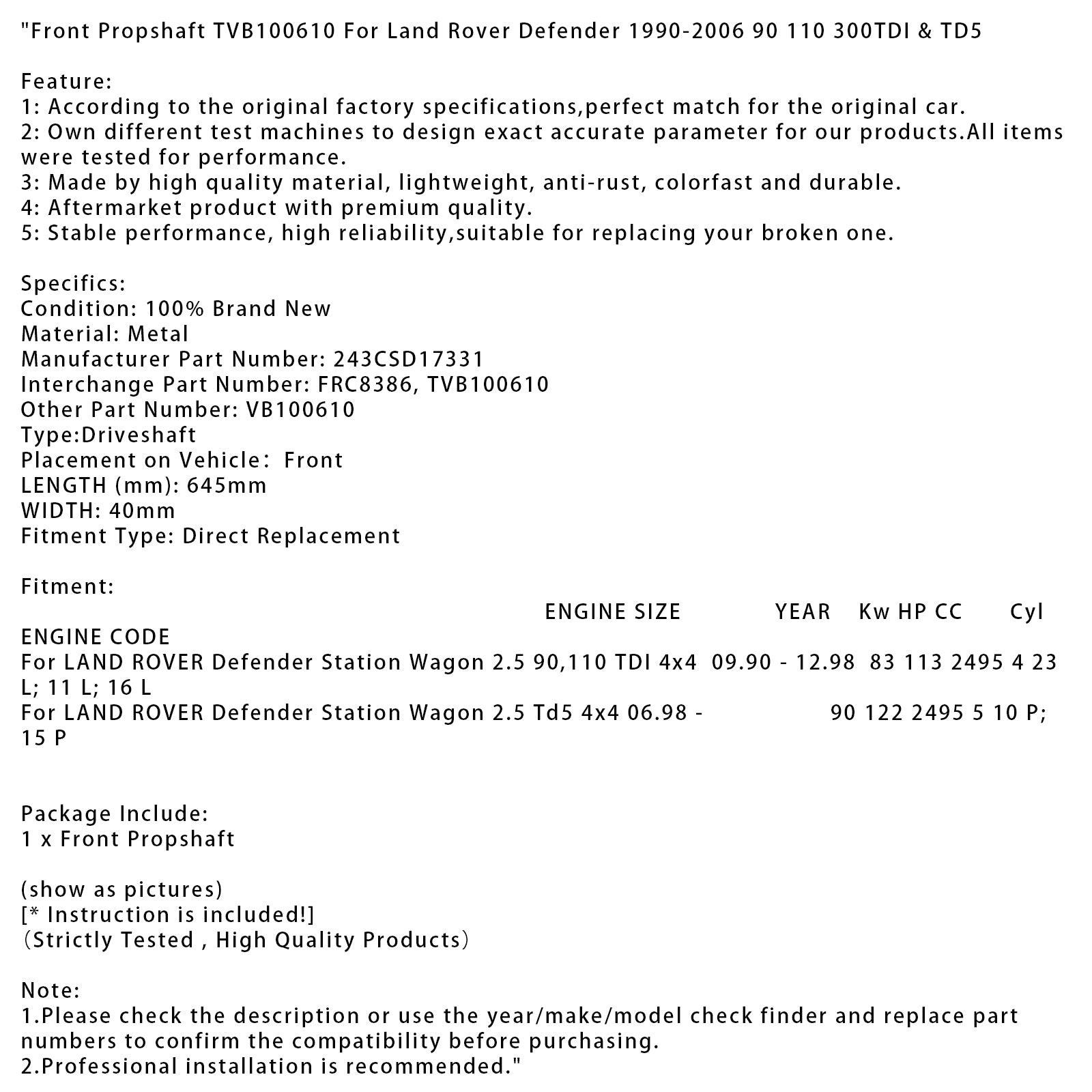 Arbre de transmission avant TVB100610 pour Land Rover Defender 1990-2006 90 110 300TDI & TD5