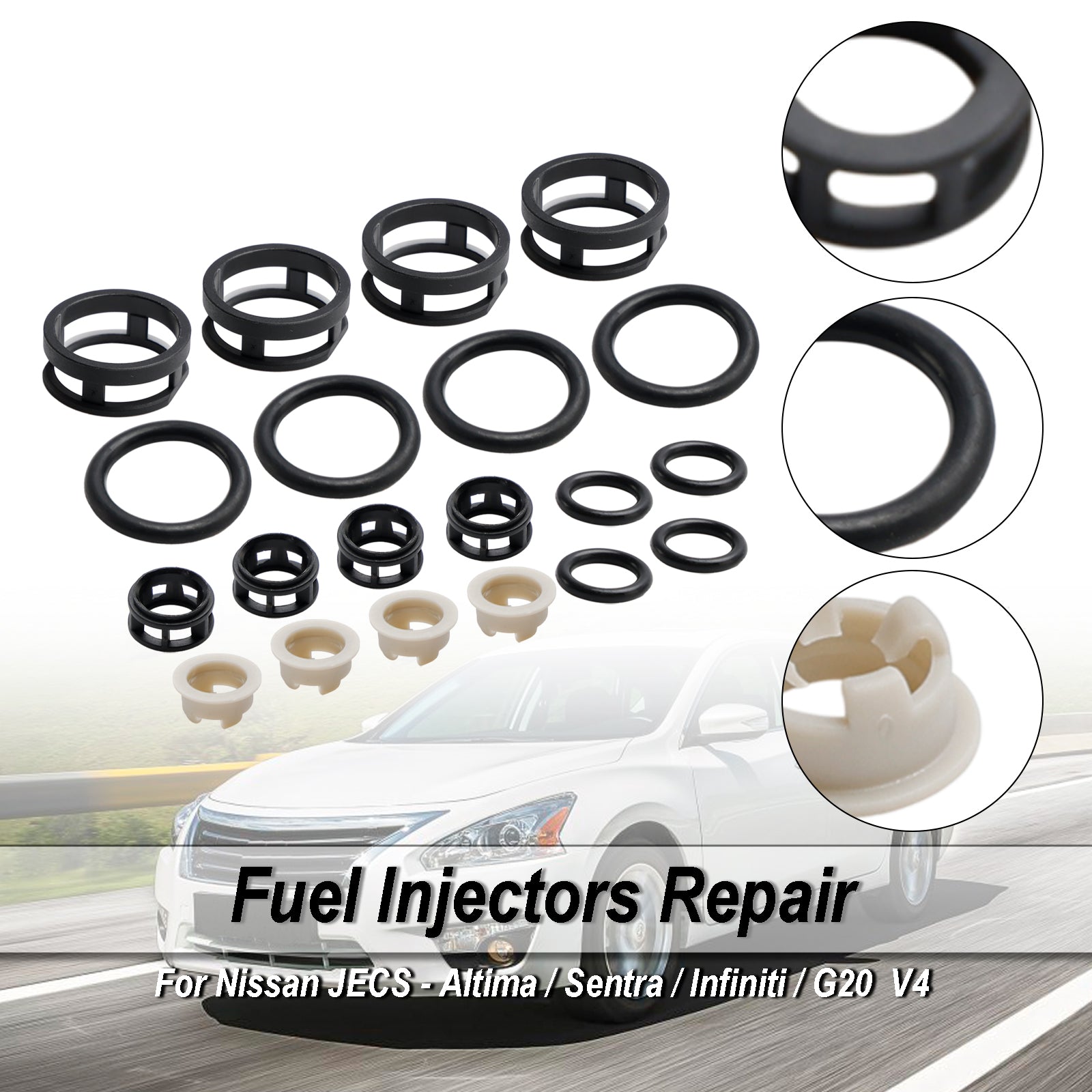 Nissan JECS - Altima / Sentra / Infiniti / G20 V4 4PCS Side Feed Fuel Injector Repair Kit Filters Seals O-Rings Pintle Caps