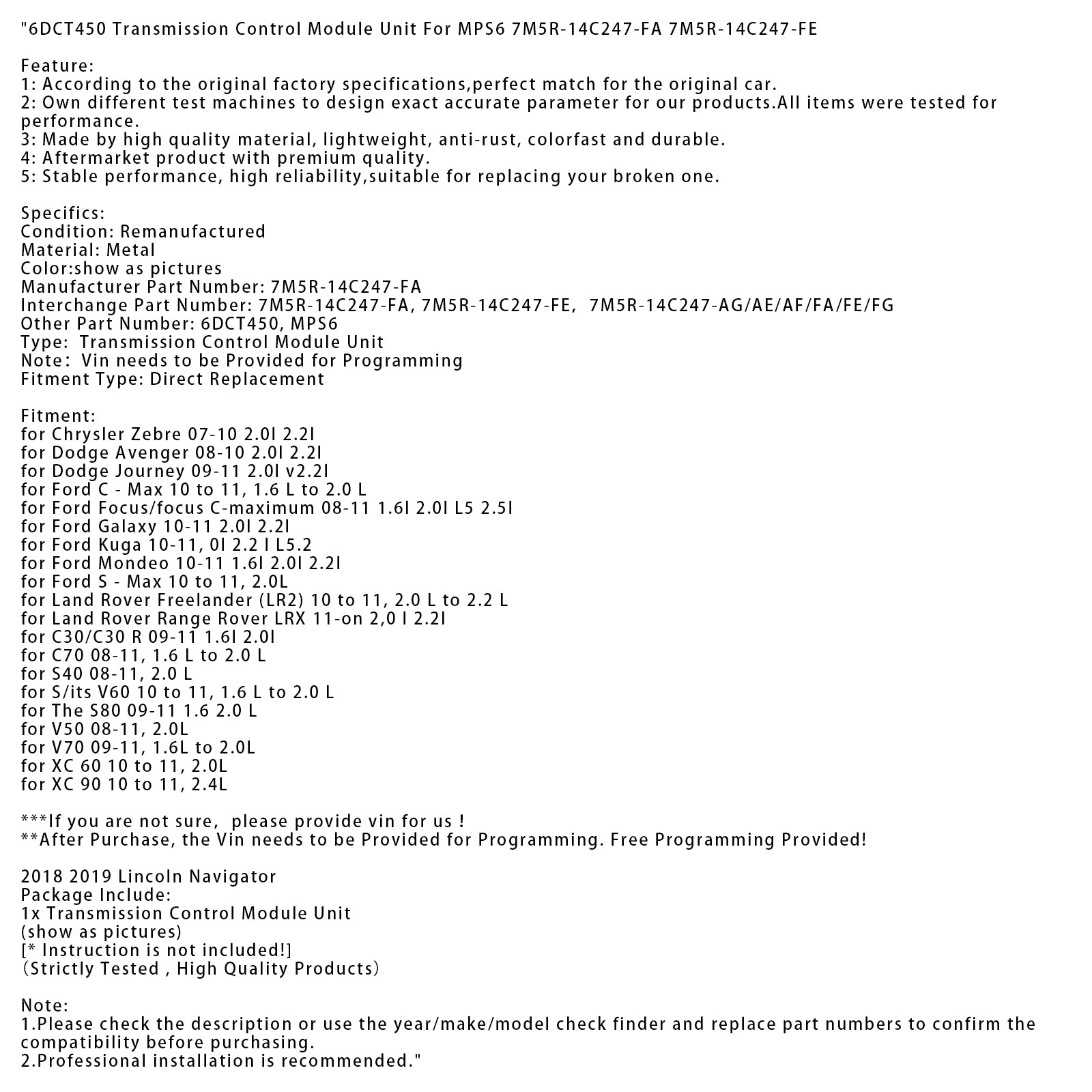 2008-2010 Dodge Avenger 2.0l 2.2l 6DCT450 Transmissie Controle Module Unit MPS6 7M5R-14C247-FA 7M5R-14C247-FE