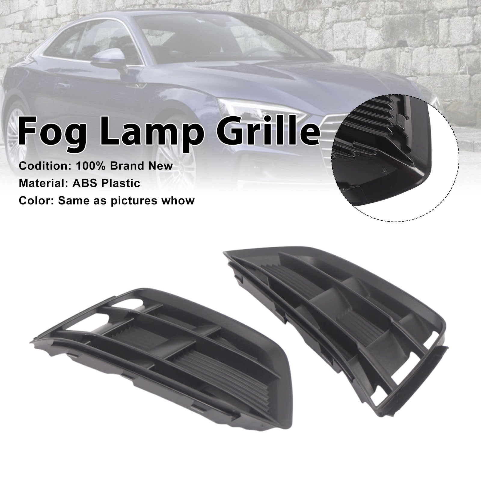 Black Front Bumper Fog Light Grille Grill Cover Bezel Fit Audi A5 2017-2019