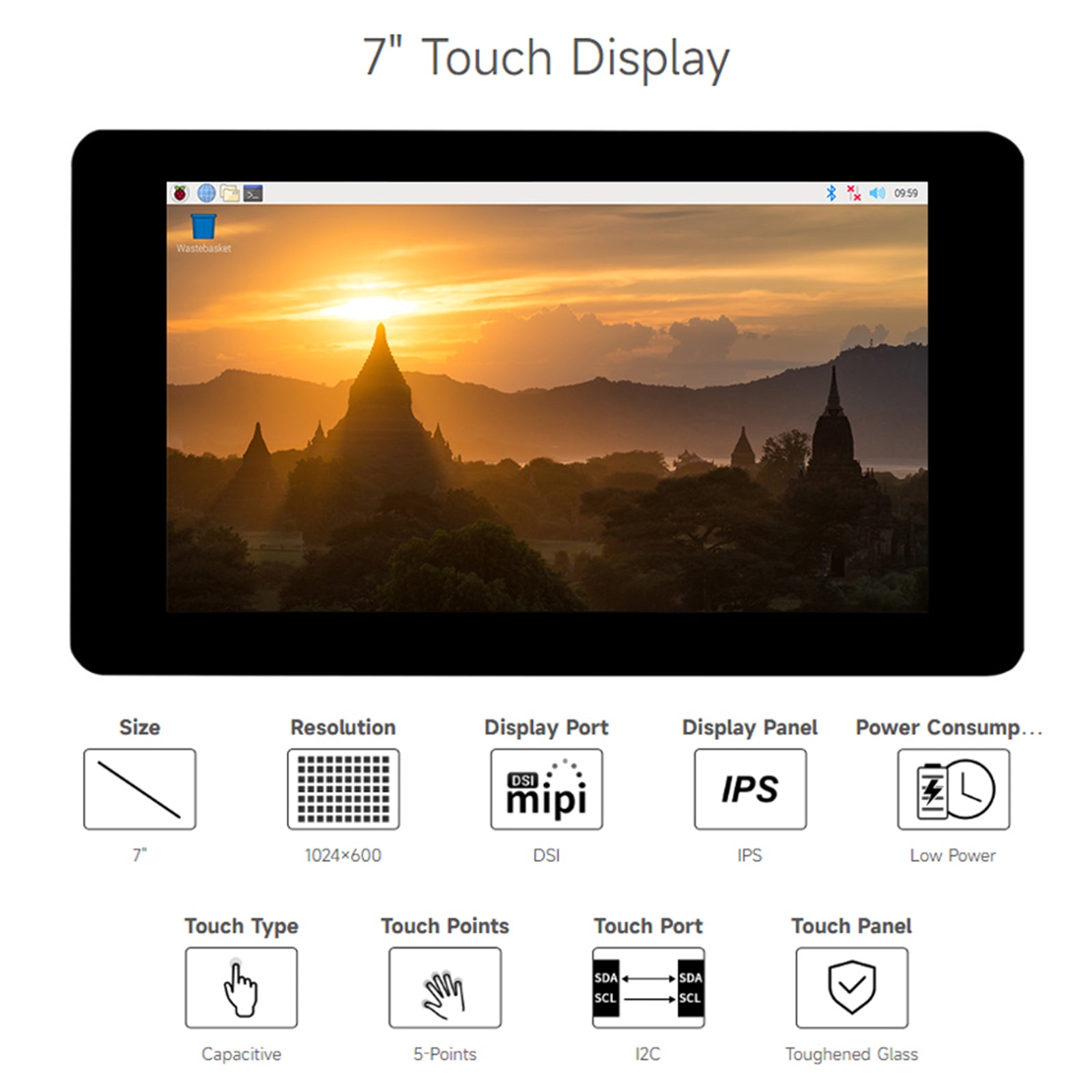 Raspberry Pi 7-inch IPS Capacitive 5-Point Touch Screen 1024×600 Pixels Pi5/4B