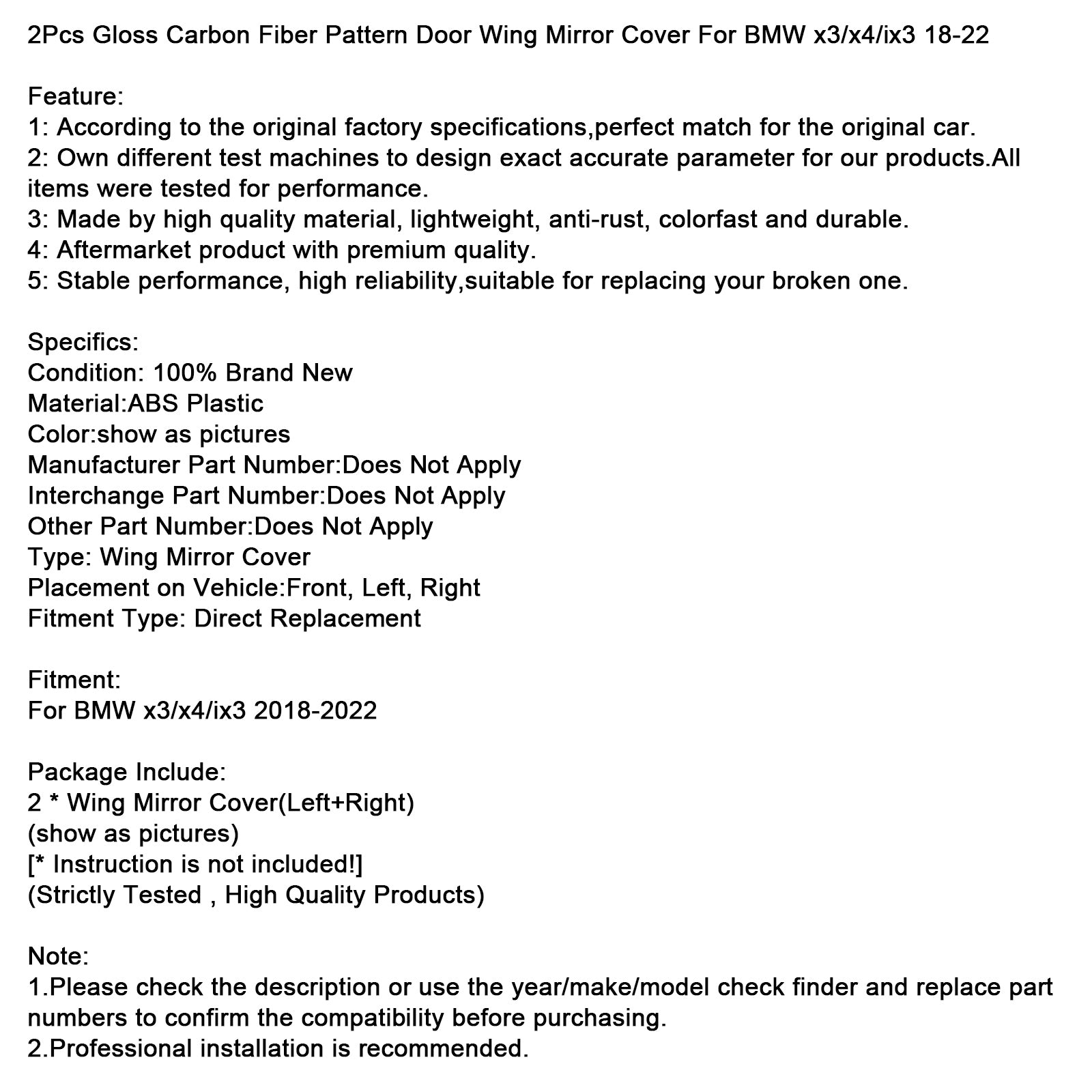 2018-2022 BMW x3/x4/ix3 2Pcs Gloss Carbon Fiber Pattern Door Wing Mirror Cover