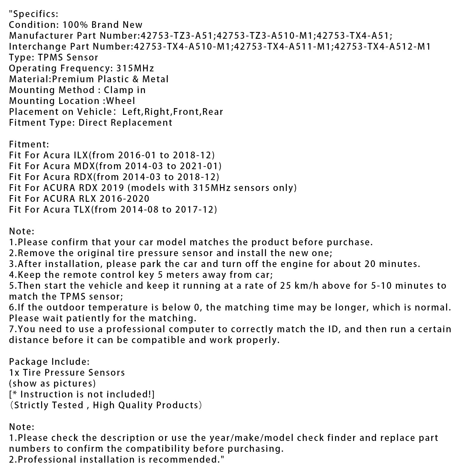 1X Sensor de presión de neumáticos TPMS para Acura MDX RDX TLX ILX 42753TZ3A51