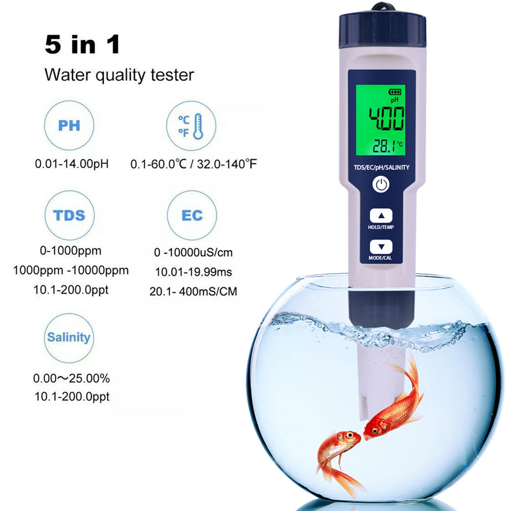 5in1 PH/TDS/EC/Zoutgehalte/Temperatuur Digitale Waterkwaliteit Tester Meter Testtool