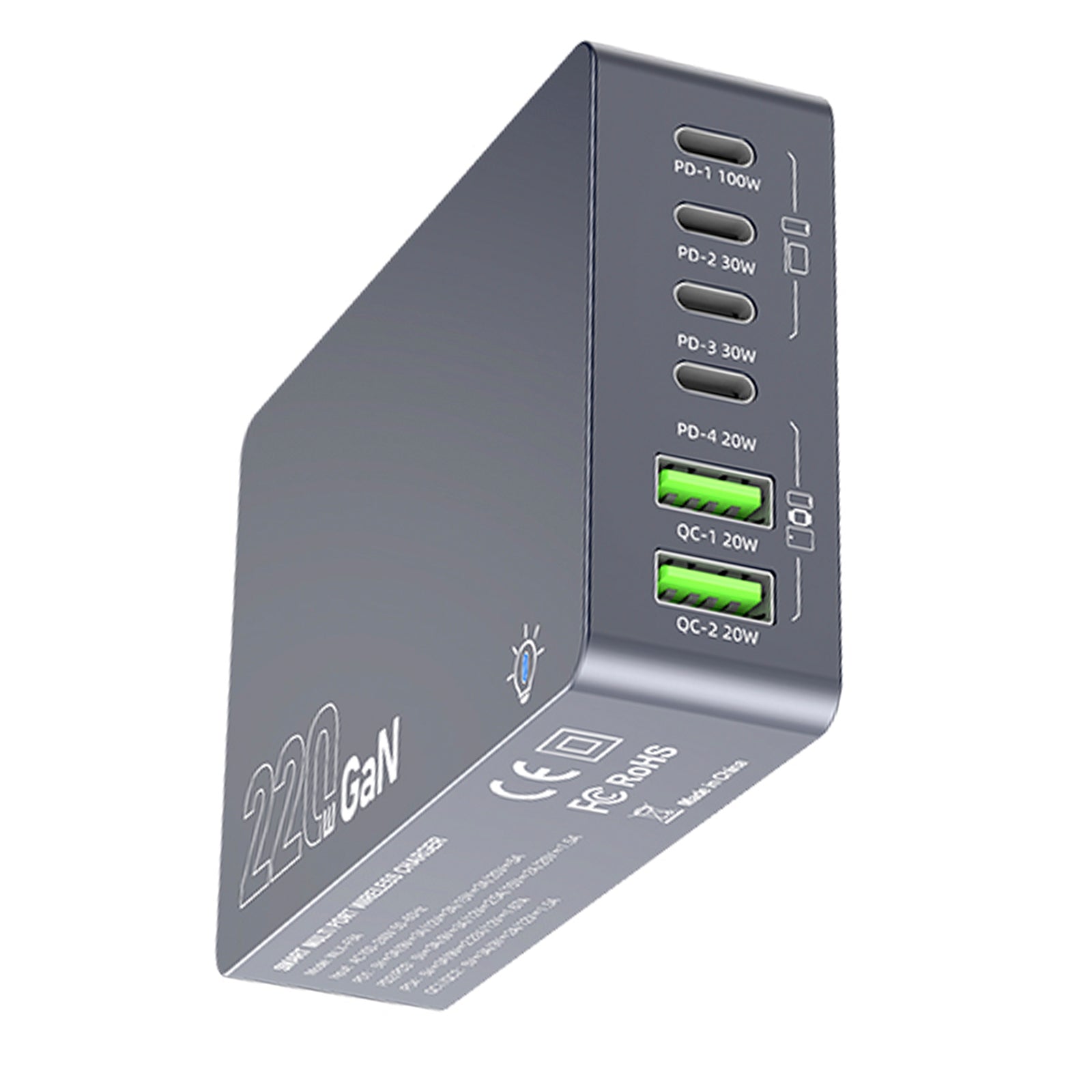 F8A ladestasjon USB 6-port hurtiglader PD100W ladestativ Smart lader