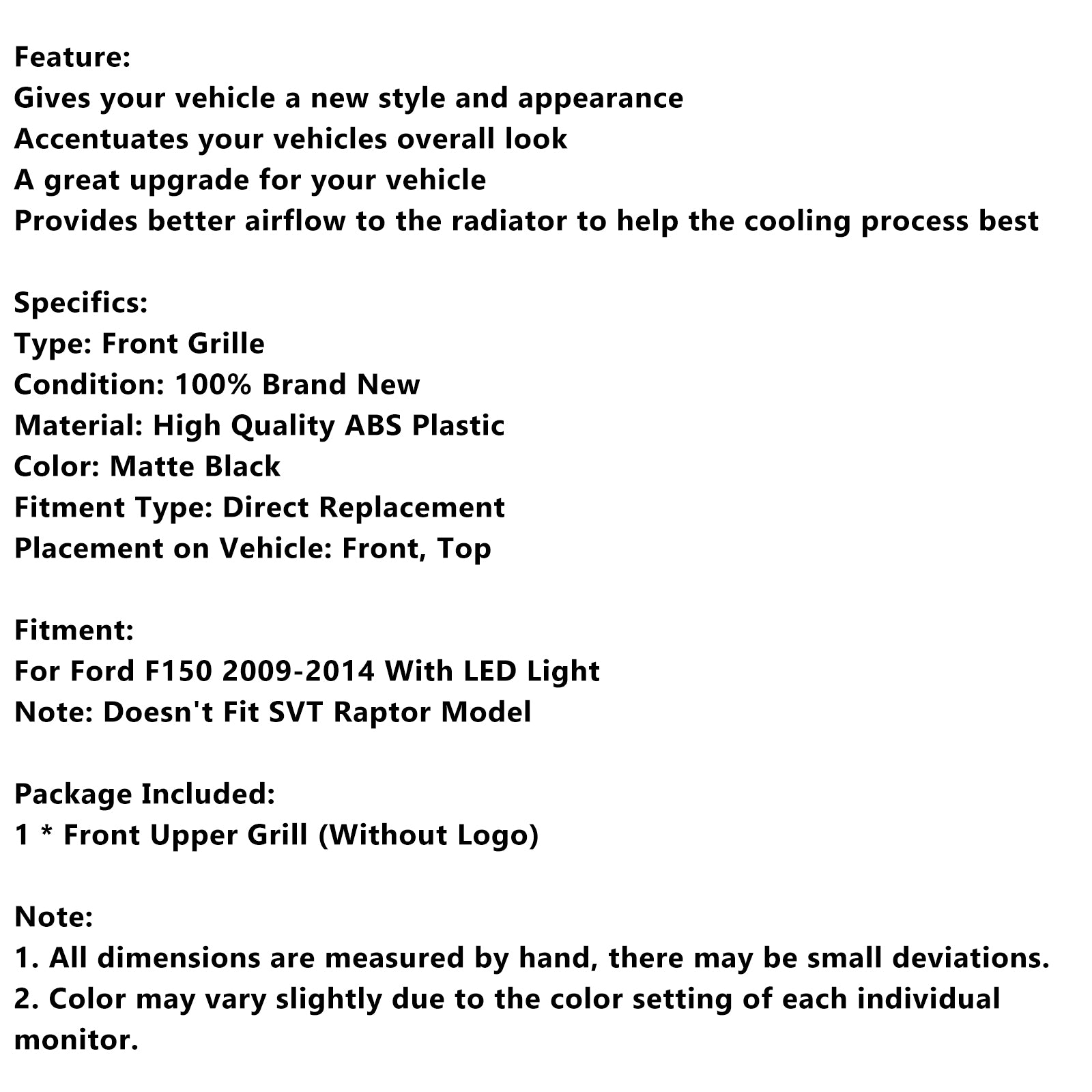 2009-2014 Ford F150 Matte Black Raptor Style Front Bumper Grille Grill W/LED