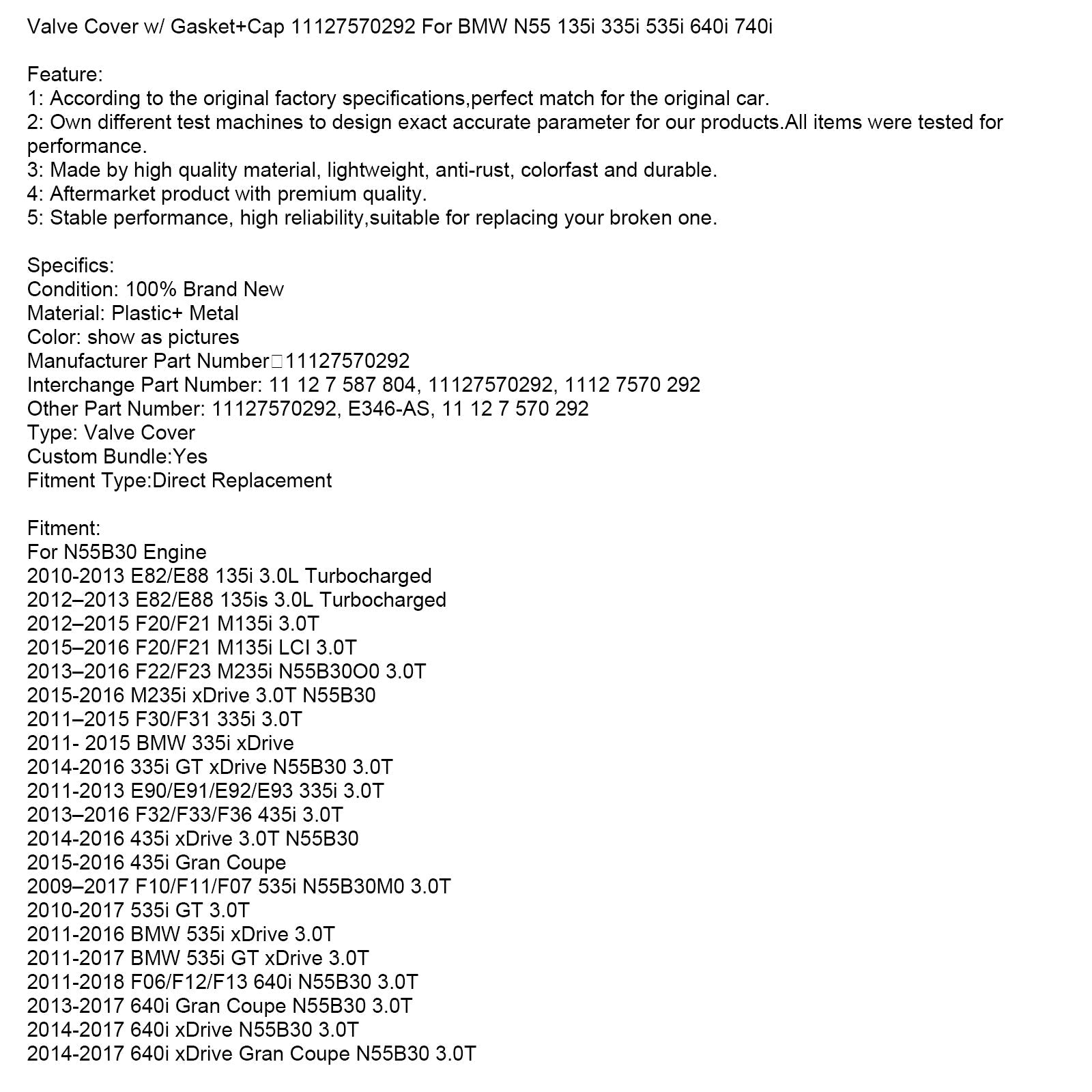 2010-2013 BMW E82/E88 135i 3.0L Turbocharged N55B30 Tapa de válvula de motor con junta+tapa 11127570292