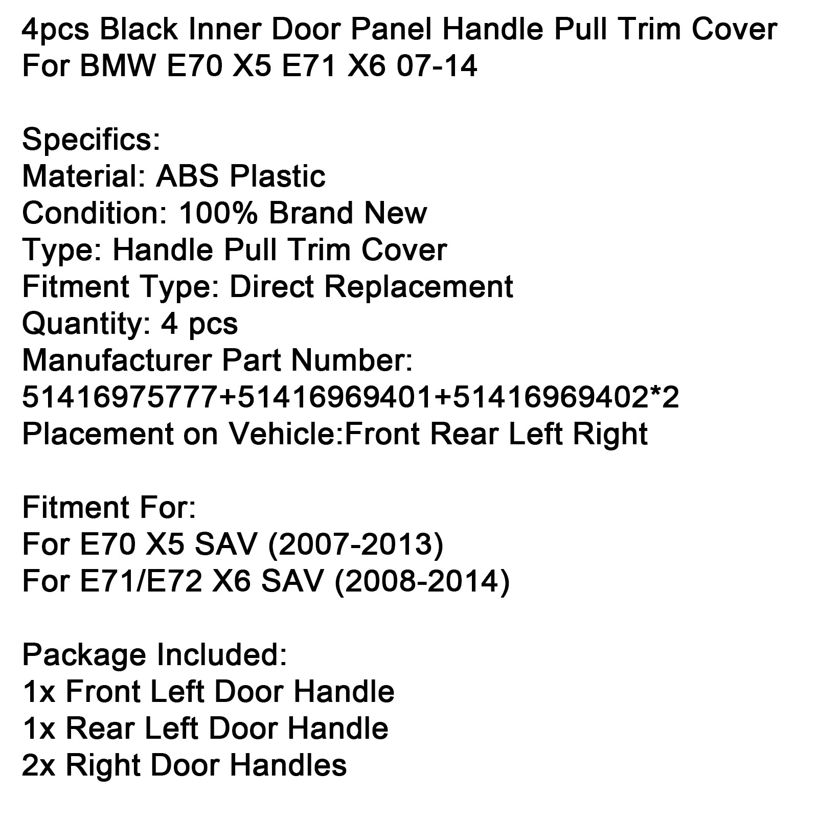 4pcs Black Inner Door Panel Handle Pull Trim Cover For BMW E70 X5 E71 X6 07-14