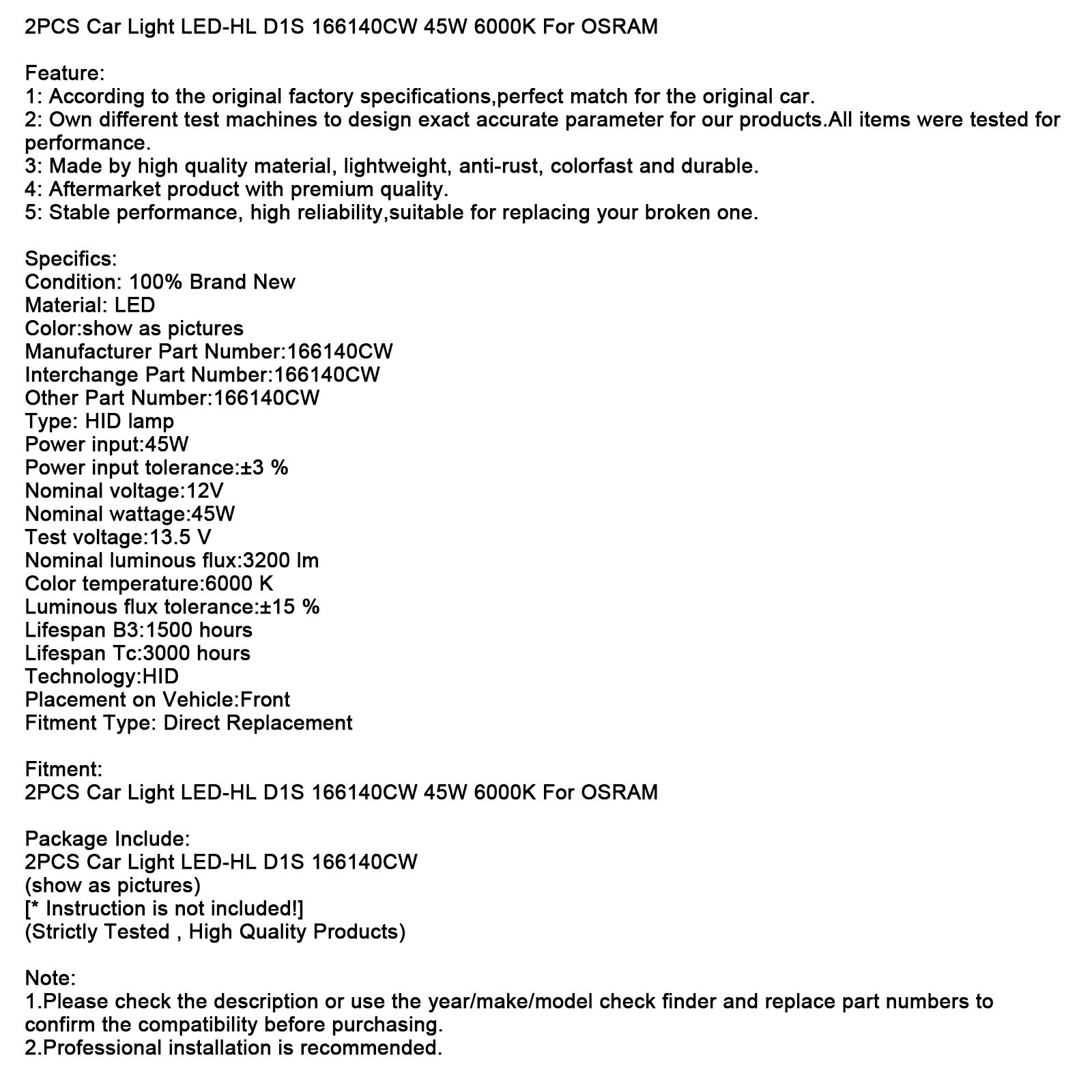 2 uds luz de coche LED-HL D1S 166140CW 45W 6000K para OSRAM