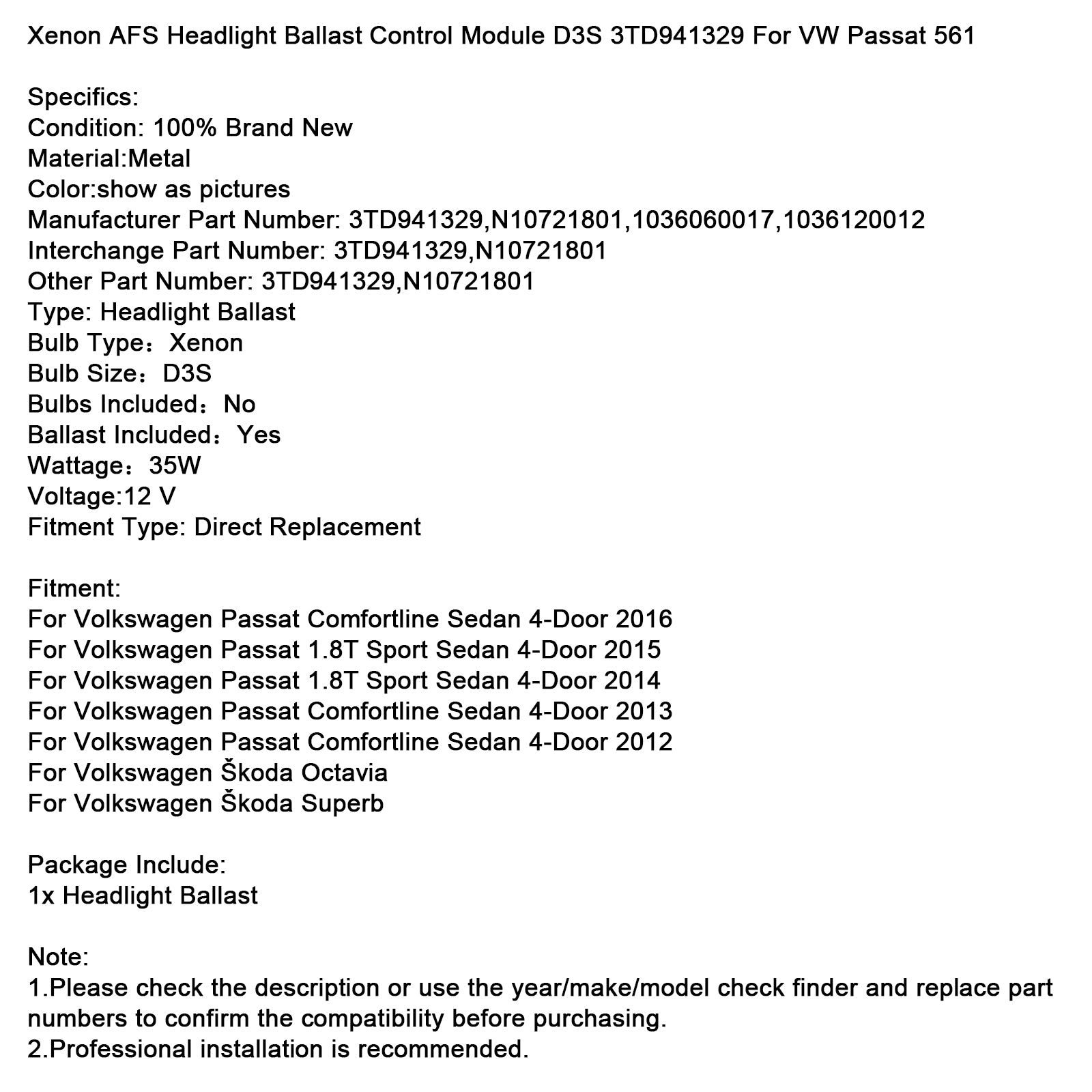 Xenon AFS Headlight Ballast Control Module D3S 3TD941329 For VW Passat 561