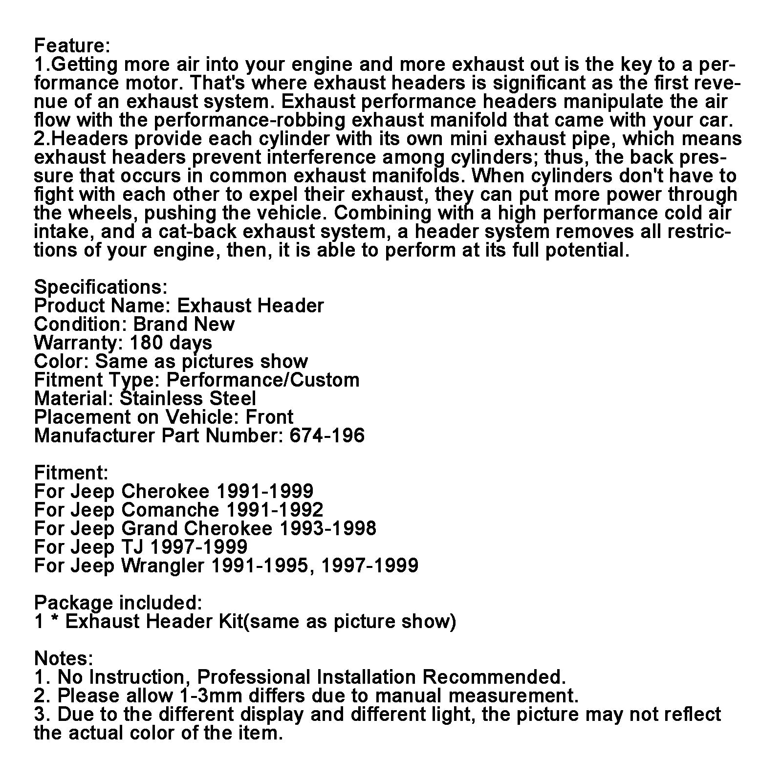 Coletor de escape 674-196 Fit Jeep Cherokee 1991-1999 Fit Comanche 4.0L 5.2L