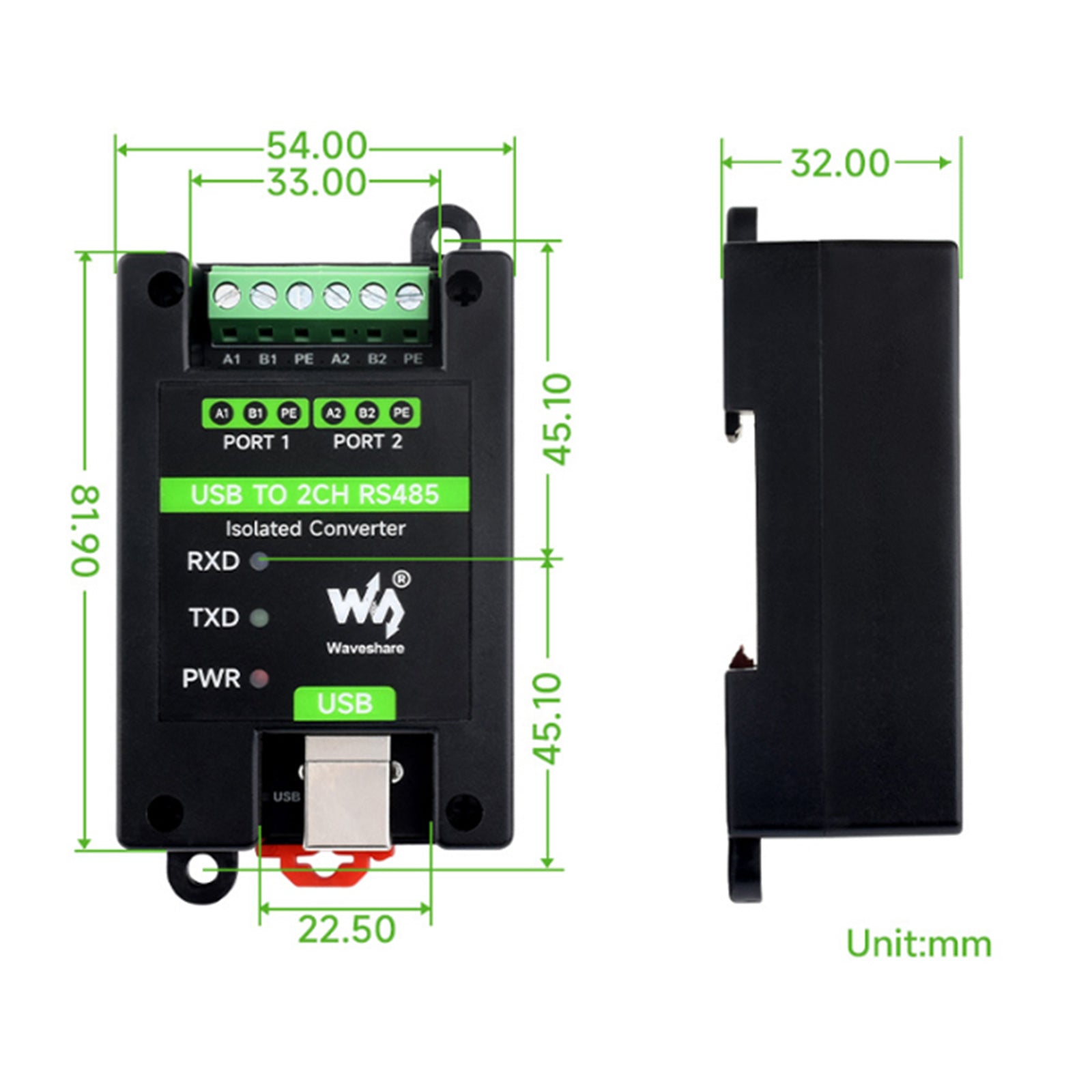 Installation de rail de convertisseur de port série USB vers RS485 à 2 voies isolé industriel