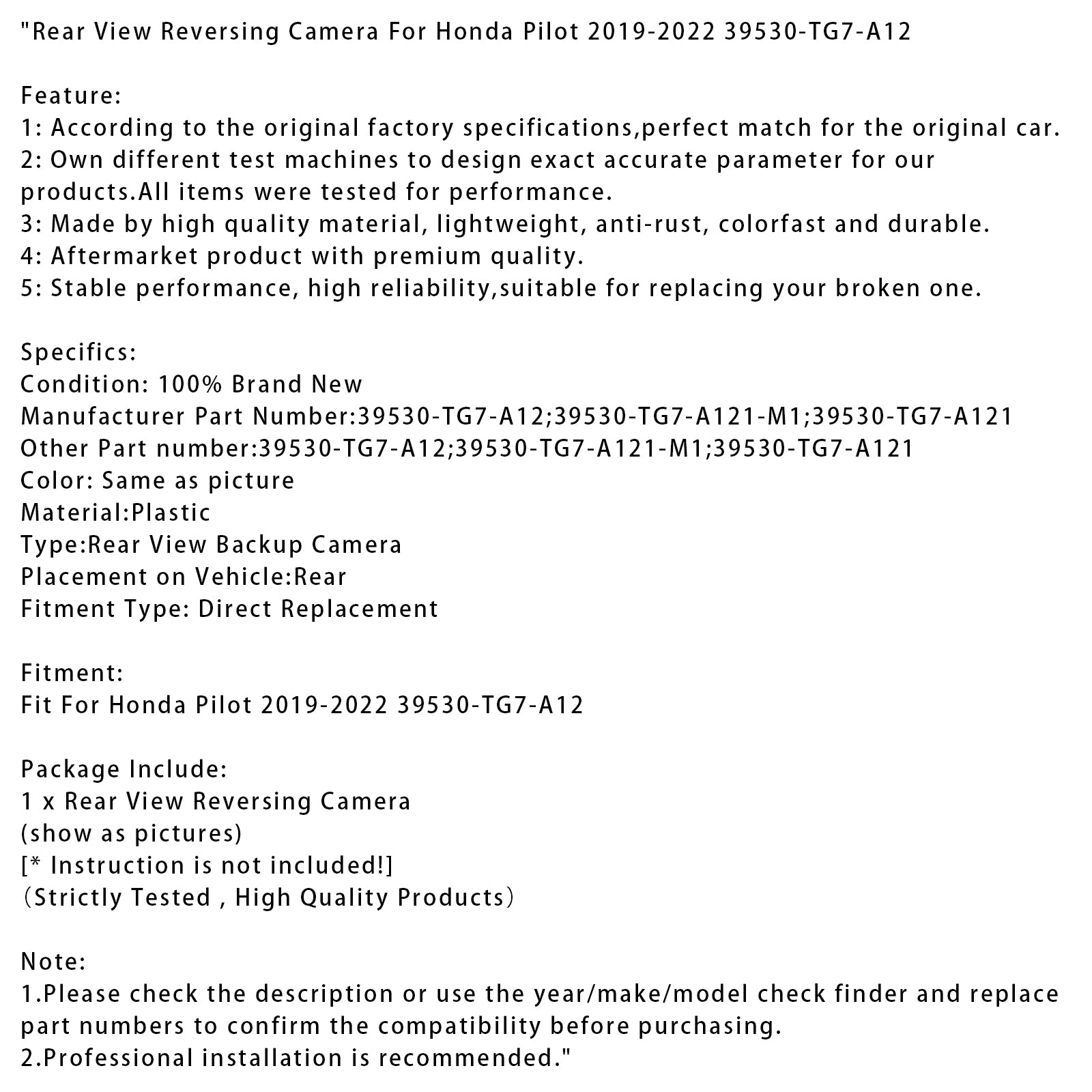 2019-2022 Honda Pilot Rear View Reversing Camera 39530-TG7-A12