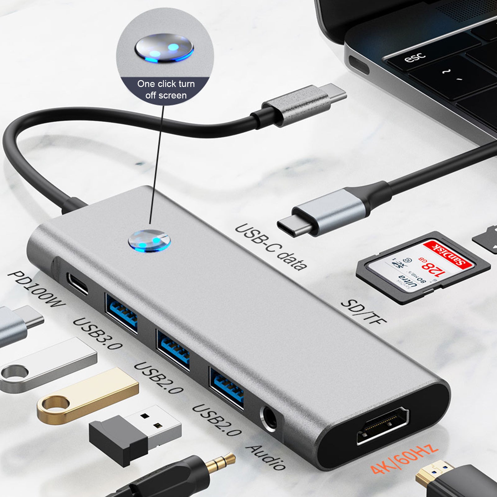 9 in 1 TYPE-C+USB3.0 USB2.0 HDMI SD/TF PD100W Hubadapter voor audiogegevensinterface