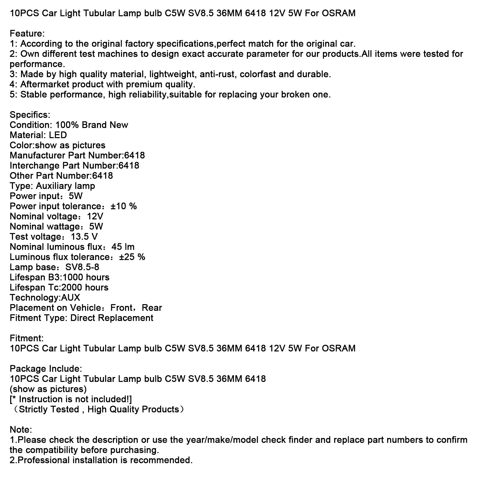 10ks auta Svetlá rúrková žiarovka Žiarovka C5W Sv8.5 36 mm 6418 12V 5W pre Osram