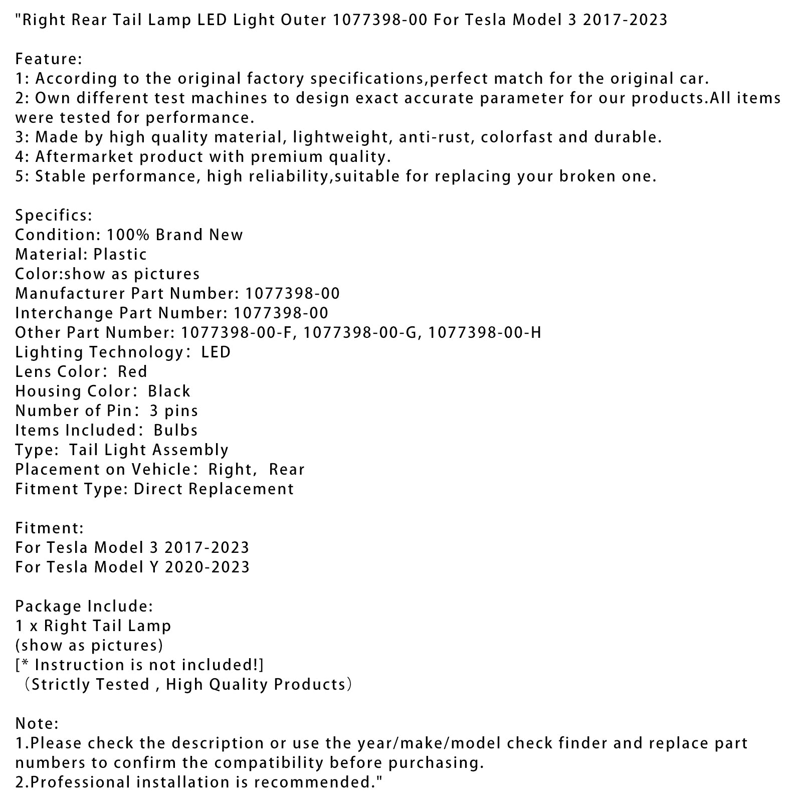 2017-2023 Tesla Model 3 pravá zadná žiarovka LED svetlo vonkajšie 1077398-00