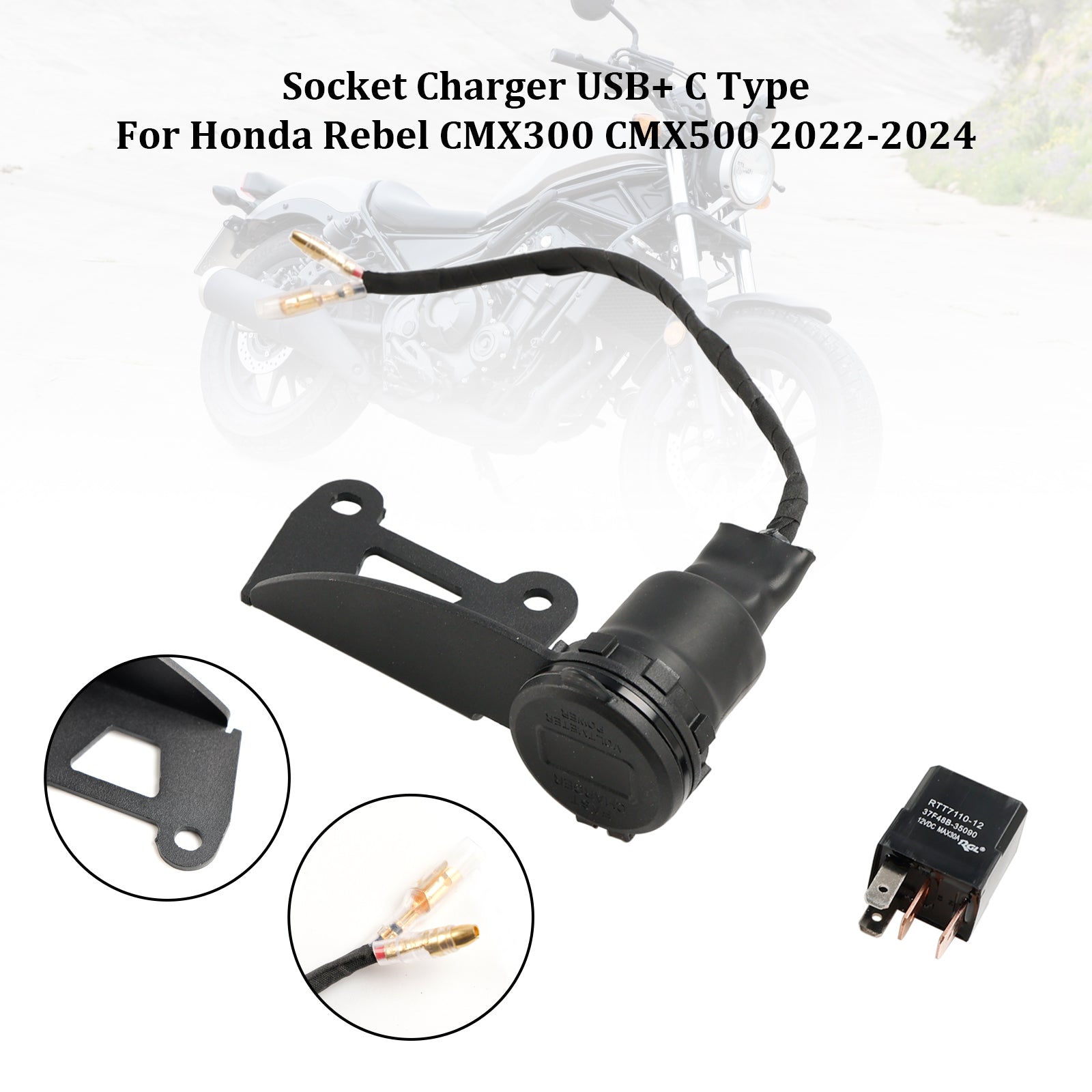 2022-2024 Honda Rebel CMX300 CMX500 Chargeur de prise 12 V USB+C Type Rapide