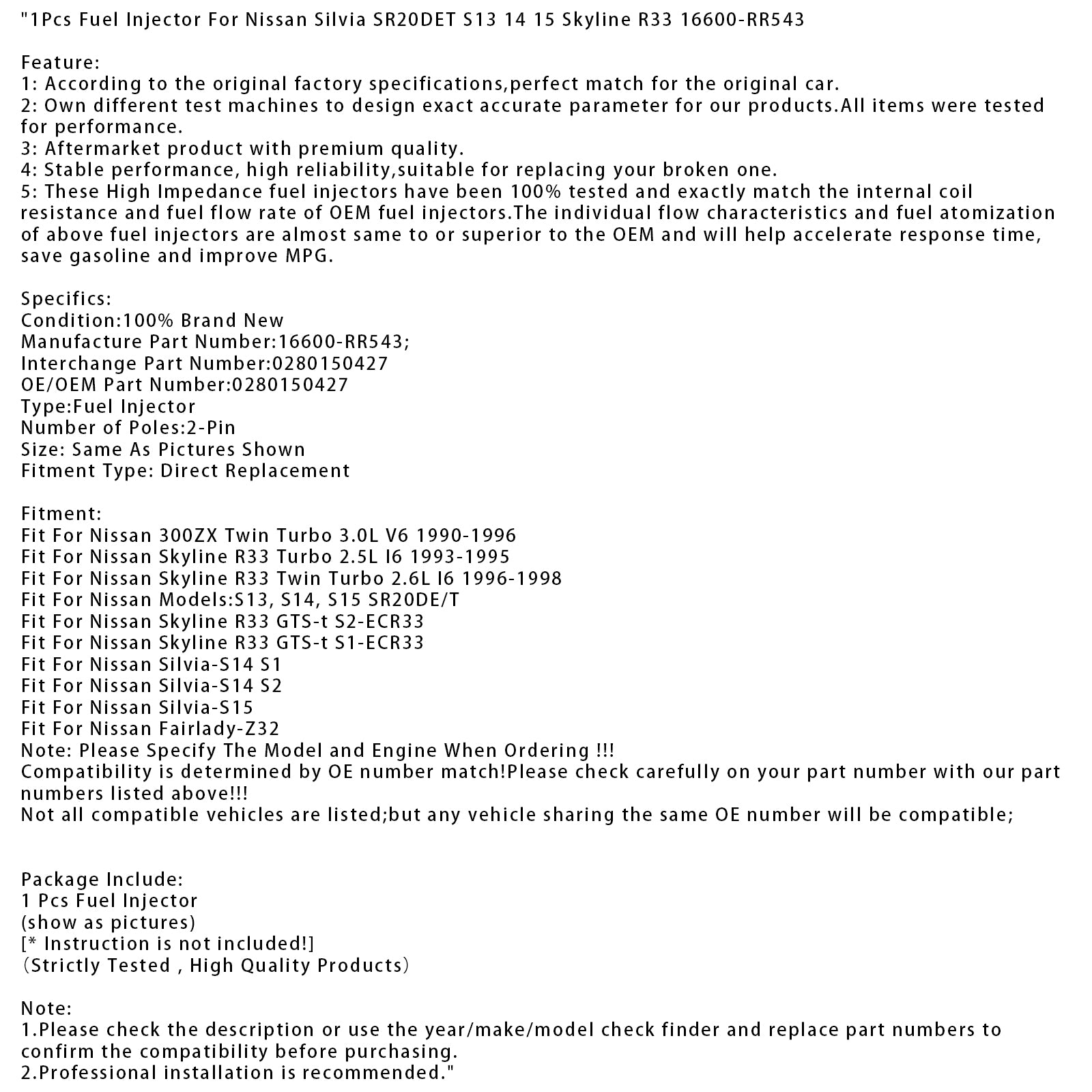 1Pcs Fuel Injector For Nissan Silvia SR20DET S13 14 15 Skyline R33 16600-RR543